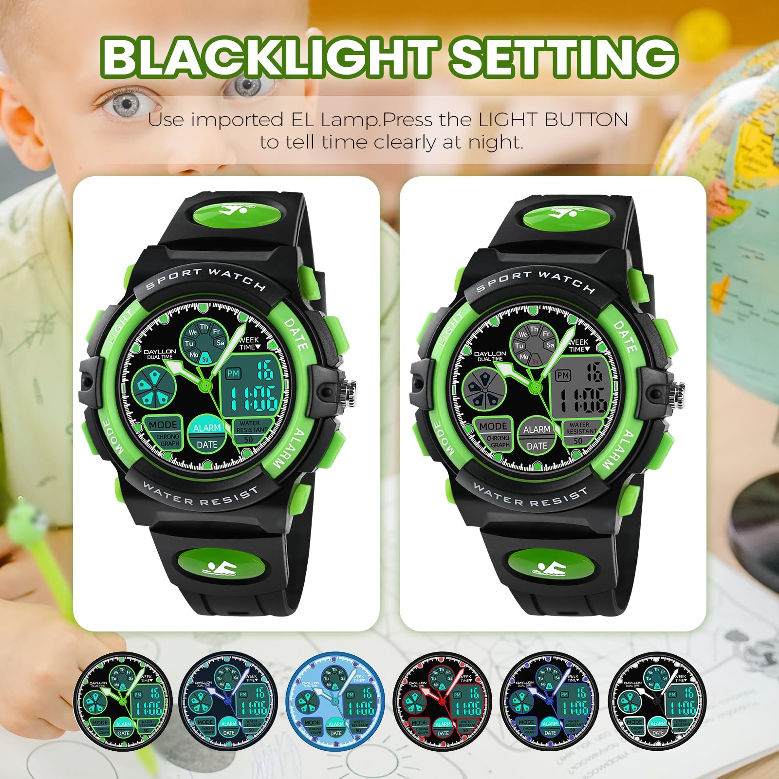 Dayllon Orologi per bambini, ragazzi età 5-15, orologio analogico digitale per bambini, verde, Verde