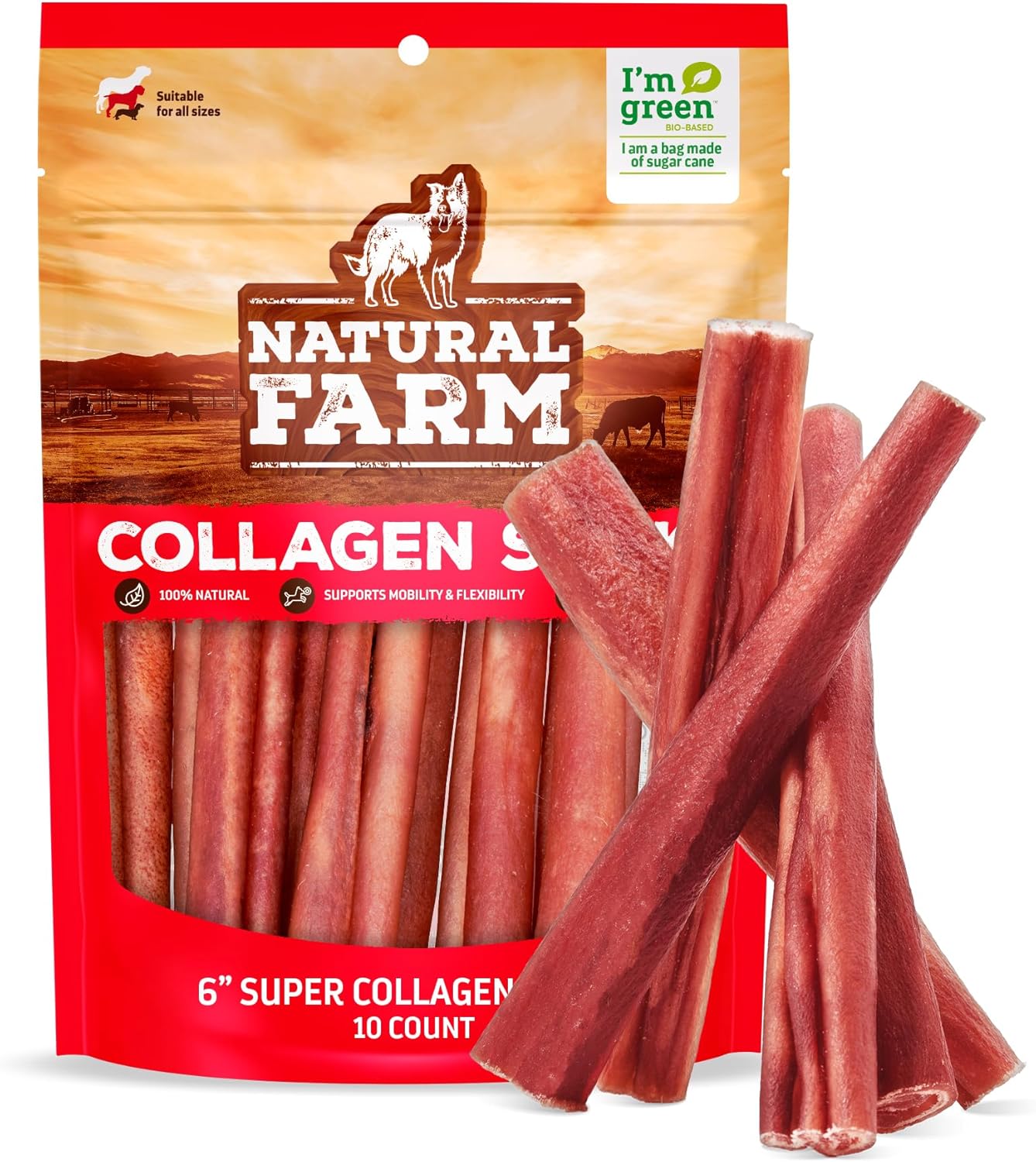 Natural Farm Odor-Free Super Collagen Dog Chews (6-Inch, 10-Pack) The First Ever Real Bull Sticks Alternative: 100% Natural Angus Hide Collagen Treats - More Protein, More Chew Time for All Dogs