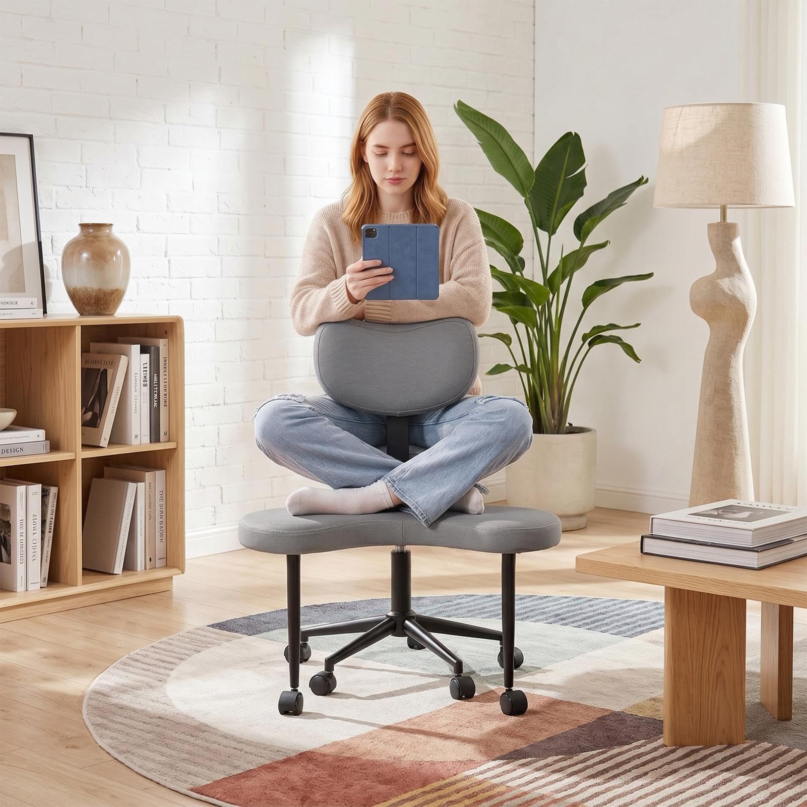Generisch Kreuzbein-Bürostuhl Mit Rollen Adhs-Schreibtischstuhl Für Erwachsene Meditationsstuhl Höhenverstellbar Yoga-Bürostuhl Breiter Criss Cross Stuhl Mit Lendenwirbelstütze Kniestuhl