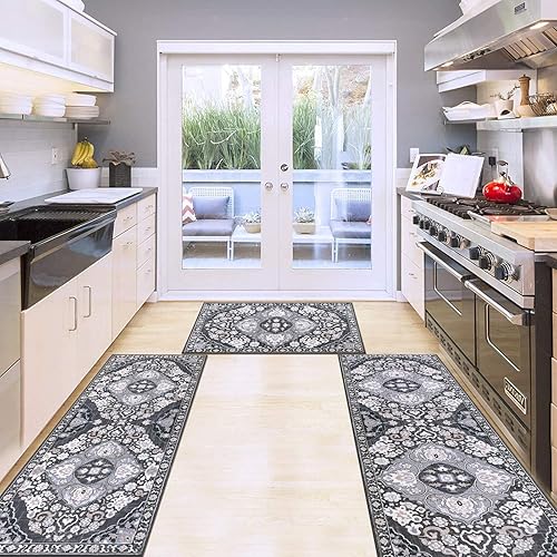 Miniatura 7 de HEBE - Juego de 3 alfombras de cocina antideslizantes para piso, lavables, alfombras y tapetes de cocina bohemios, alfombras de cocina vintage,