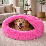 ZEXSAZONE Medium Warm Plush Pet Cave Bed for Dogs & Cats | Hooded Cozy Winter Sleeping Bed | Soft Donut Design (Pink, Medium)