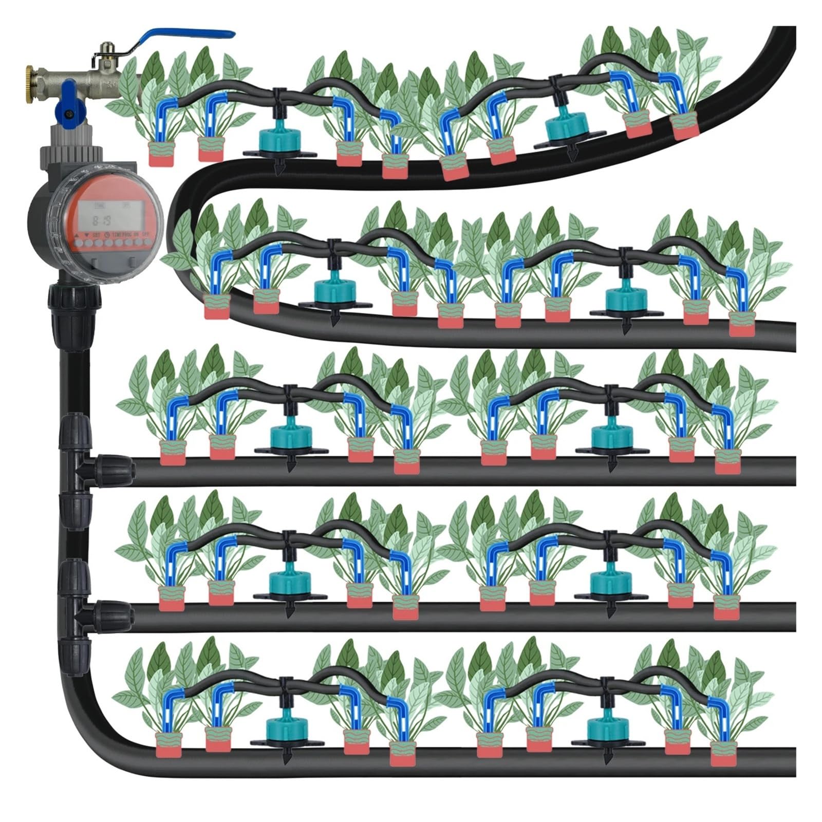 Kit Riego Por Goteo 10-100M Gotero Flecha 4/2 Vías 8L | Sistema de riego por goteo con goteros de flecha for plantar en macetas.(3I5hose-30m)