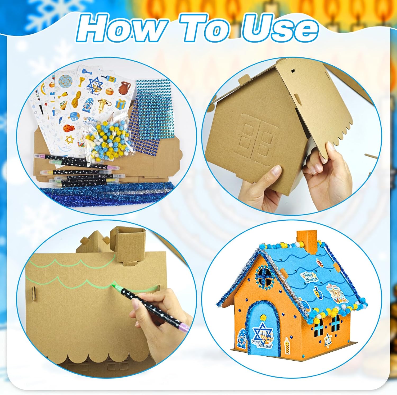 Cinrobiye 6 Set DIY Hanukkah Gingerbread Houses Craft Kits Paint Chanukah Cardboard Houses Box Make You Own 3D Hanukkah House for Home Classroom Winter Holiday Fun Party Game Decorating Art Project