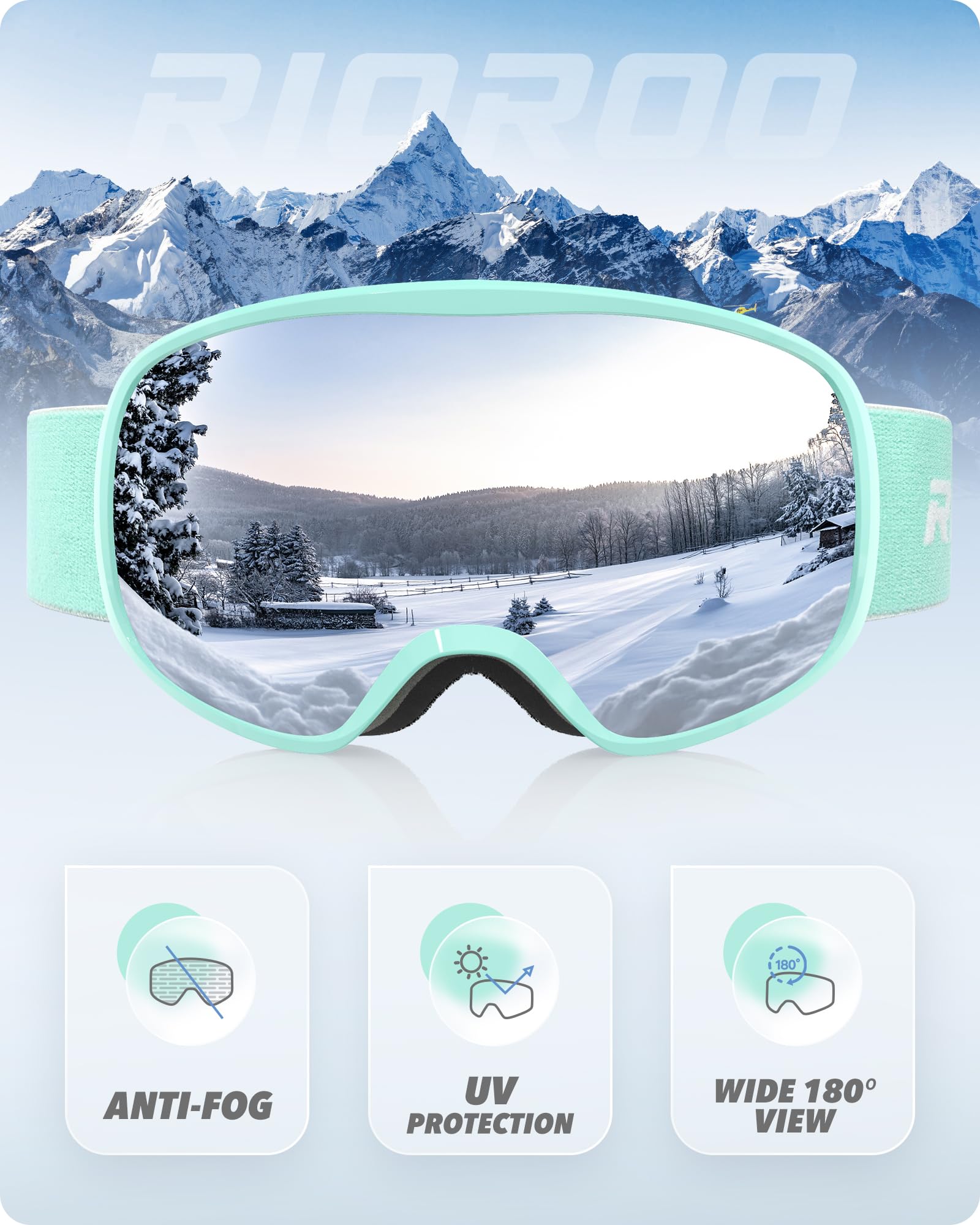Gogle narciarskie Gogle snowboardowe dla mężczyzn kobiet dorosłych młodzieży, okulary OTG/100% ochrona przed promieniowaniem UV/przeciwmgielne/szerokie widzenie