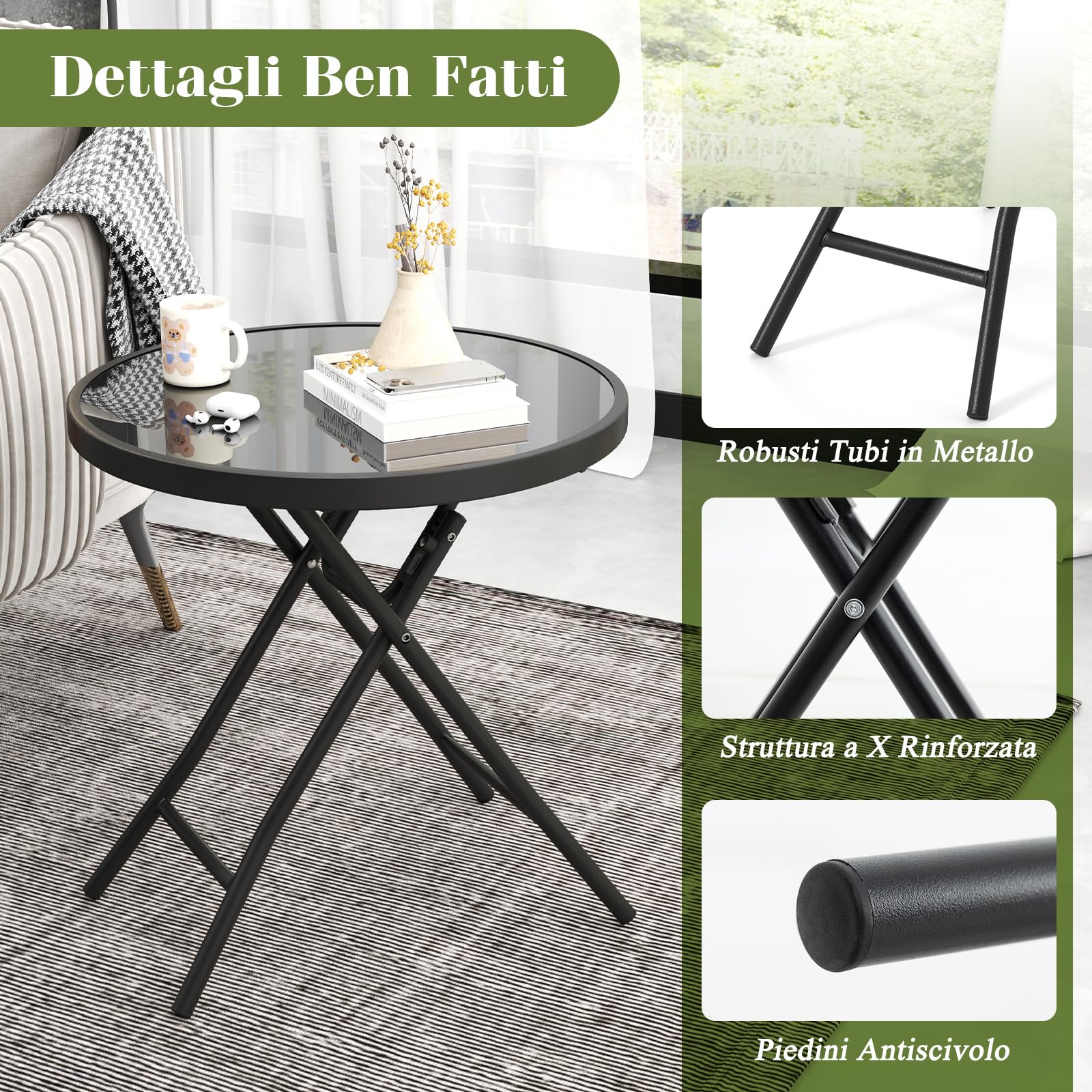 RELAX4LIFE Tavolo da Giardino, Tavolino da Balcone Rotondo Pieghevole con Piano in Vetro Temperato, Struttura Metallica, Piedini Antiscivolo, Portata 50 kg per Interni ed Esterni, Φ46x48cm (Nero)
