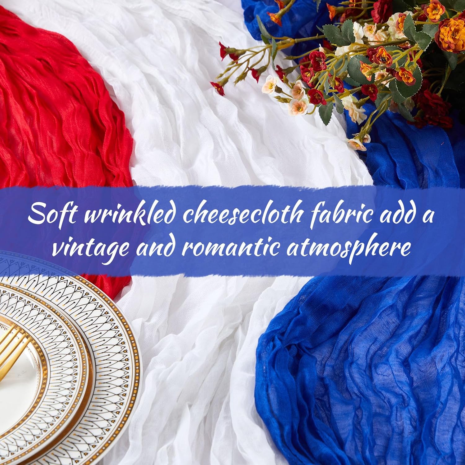 12 Pcs 6ft 250th Anniversary 4th of July Cheese Cloth Table Runners 35 x 71 Inches Red White and Blue Gauze Table Cloth Runners for 250th Anniversary Memorial Day Patriotic Independence Day