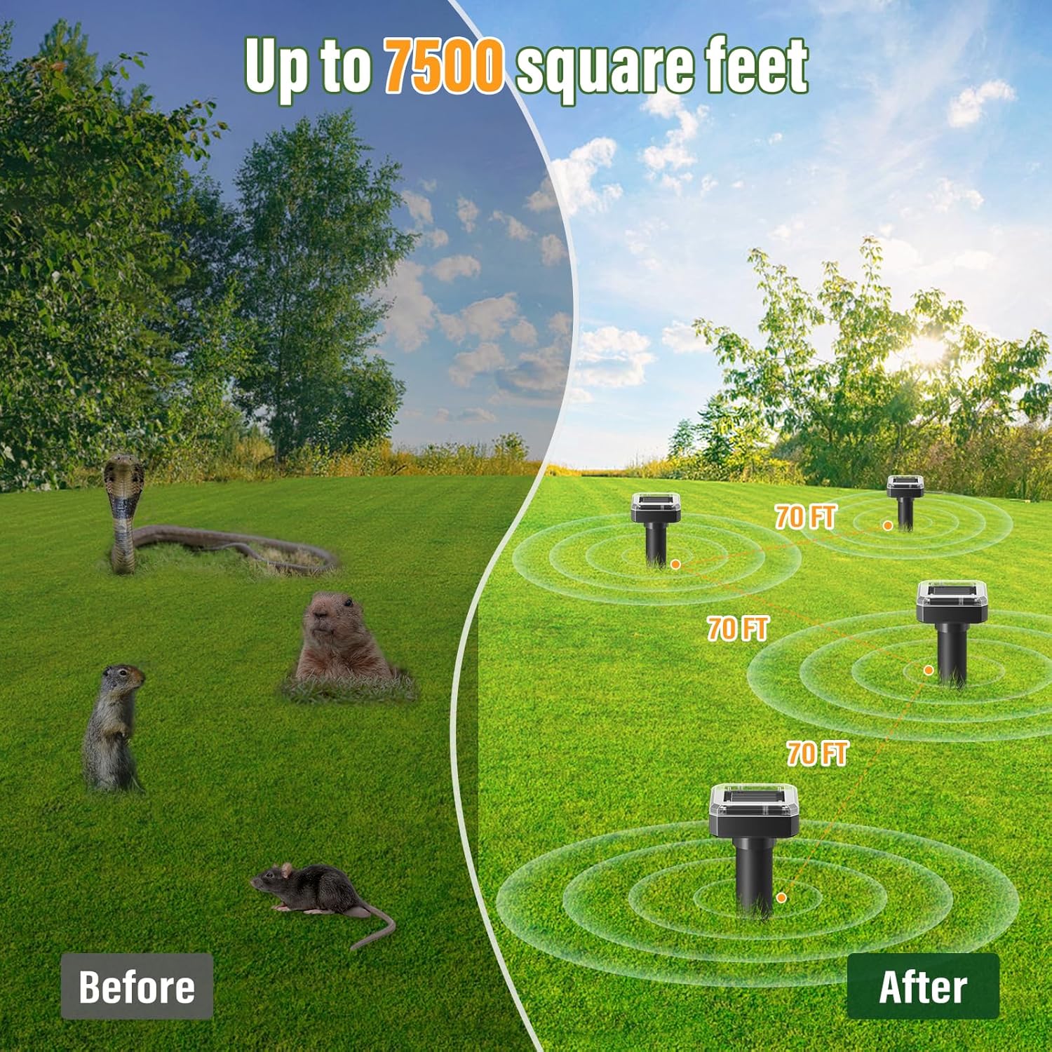 Solar Powered Mole Repellent - 10Pack, Snake Repellent for Yard Gopher Mole Repellent for Lawn Garden, Waterproof Pest Control Outdoor Keep Moles Out of Yard, Square, Black