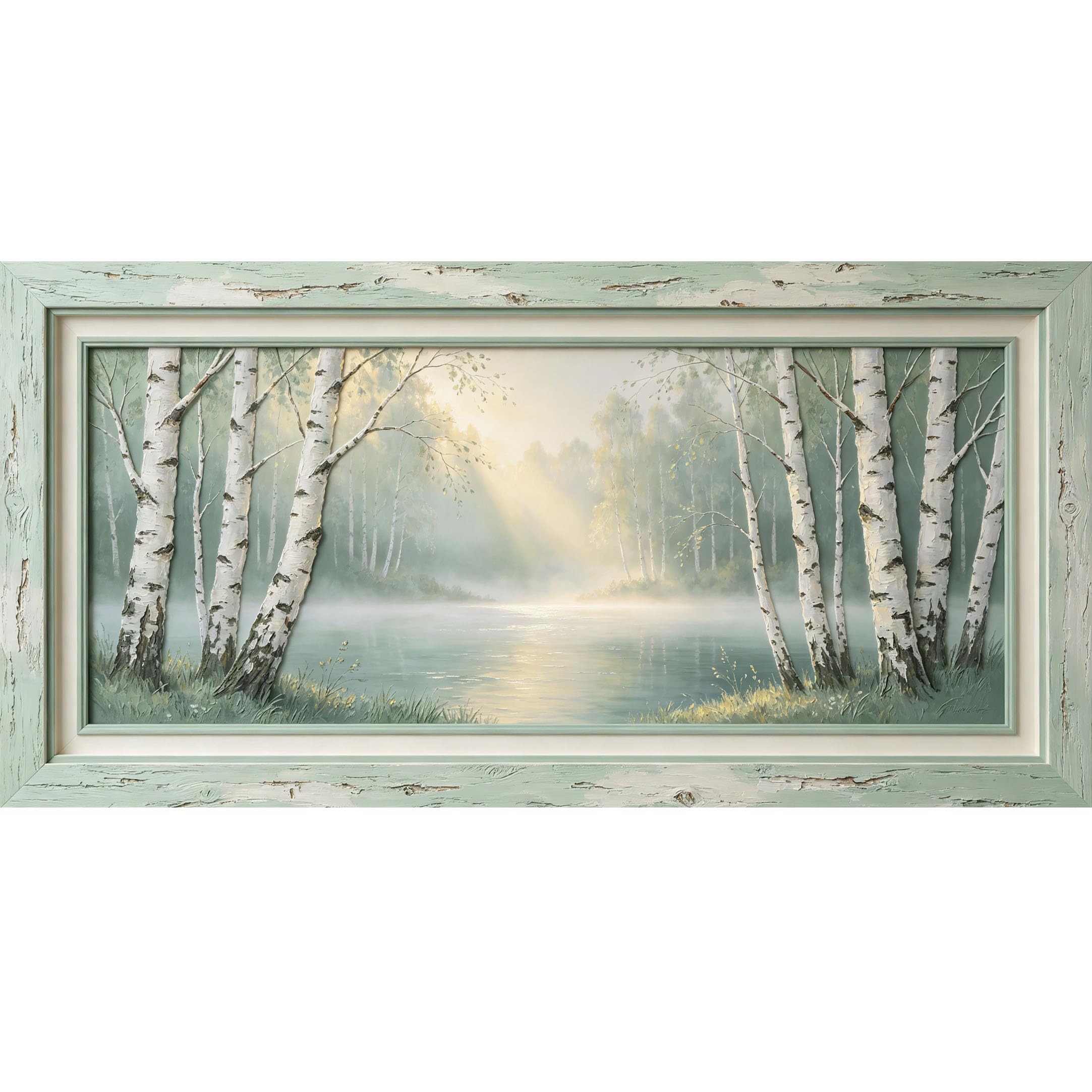 Agglomerix 3D Framed Wall Art Birch Tree Forest Lake Landscape Oil Painting Style Large Size SelfAdhesive Removable Wall Decor Prints Artwork for Living Room Bedroom Office