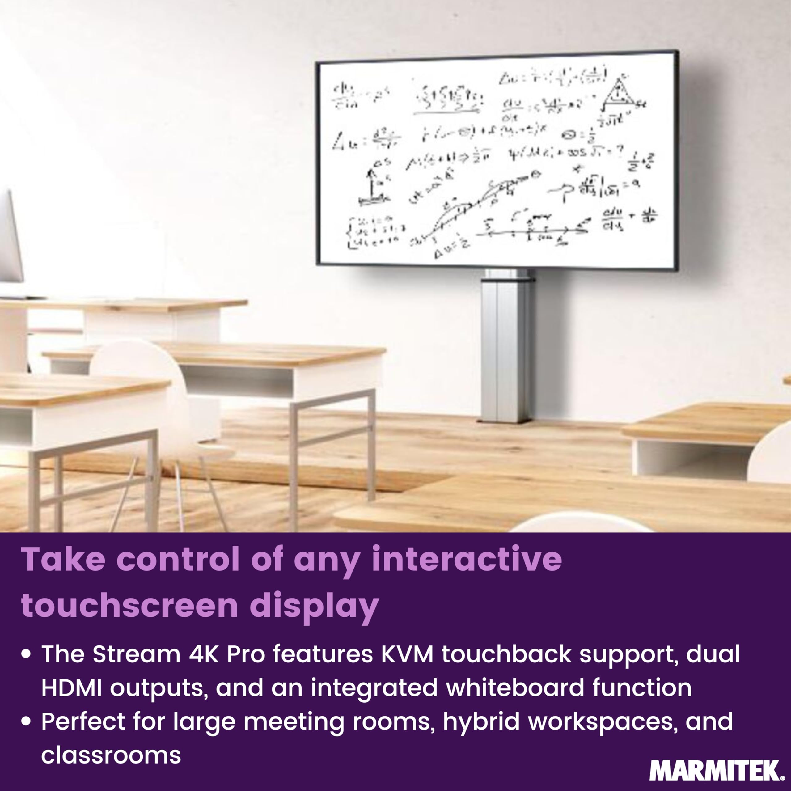 Sistema di presentazione HDMI 4K wireless Marmitek Stream 4K Pro KIT 1TX/1RX - Senza software né Wi-Fi - Dongle USB-C & ricevitore, split screen, touchback, PoE - Doppia HDMI - BYOD mirroring