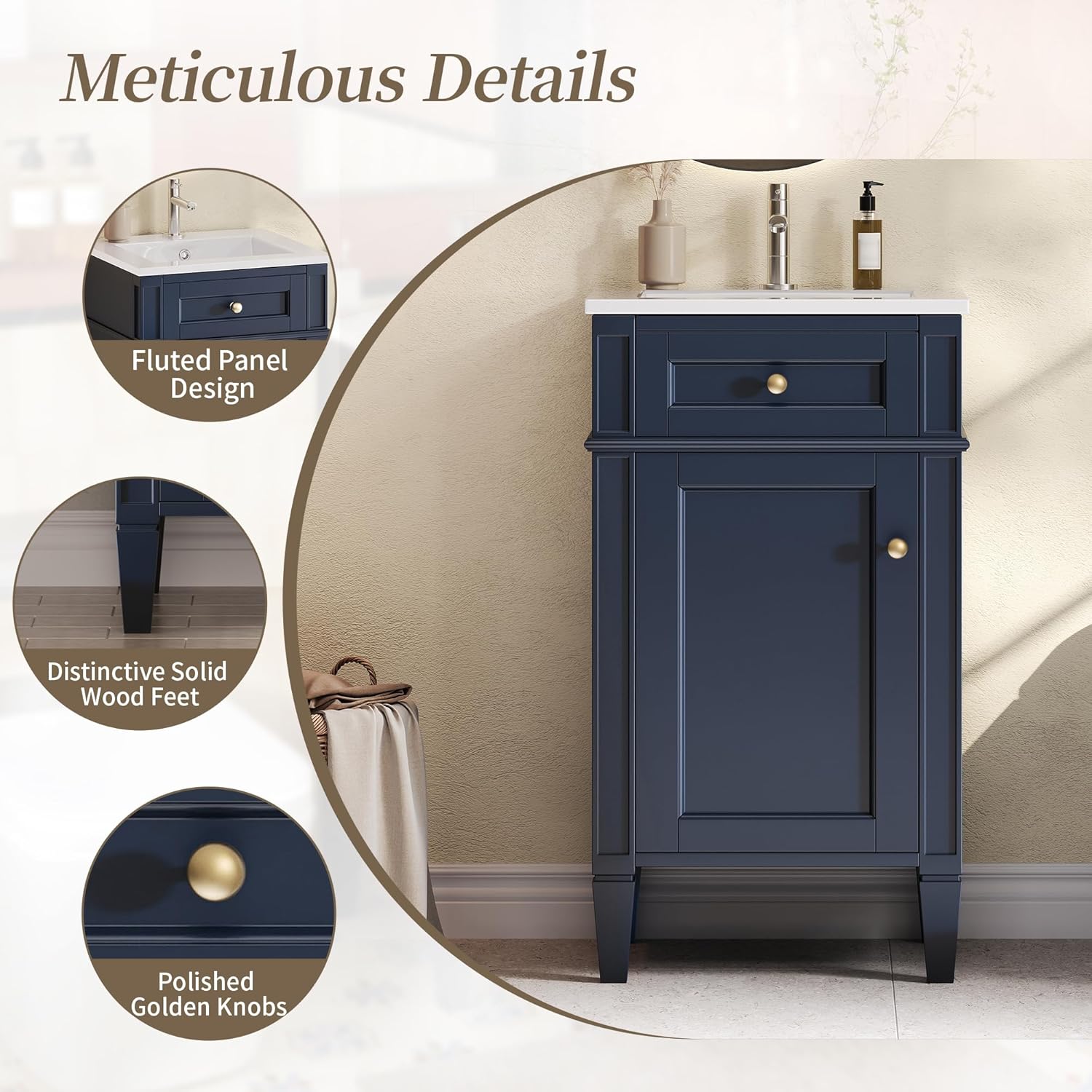 18 Inch Bathroom Vanity with Ceramic Top(Anti-Spill Design),Freestanding Small Bathroom Vanity with Sink,Soft Closing Door & Adjustable Shelf,Solid Wood Feet(Adjustable Pad),Dark Blue,French Style
