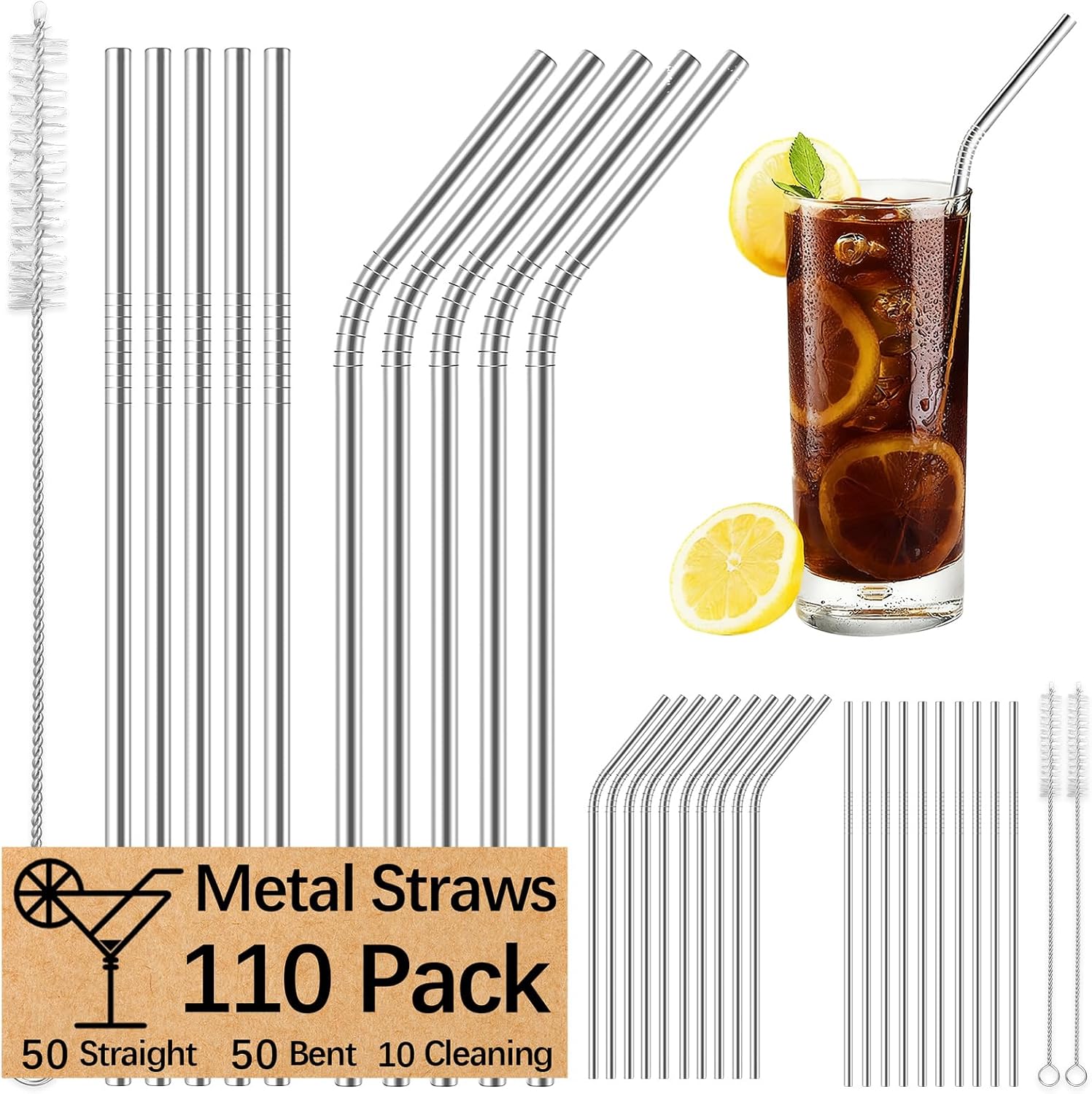 110 Pack metal straws reusable,50 Straight +50 Bent 8.5 Inch Stainless Steel Straws,10 Cleaning Brushes Included, Perfectly Compatible with 20oz Cup Tumblers