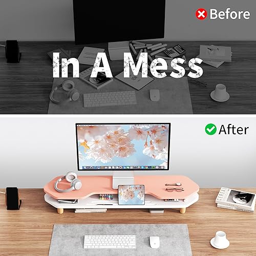 Miniatura 5 de Soporte elevador de monitor dual de 2 niveles, soporte de monitor de computadora de tablero más amplio para 2 monitores, ranura para