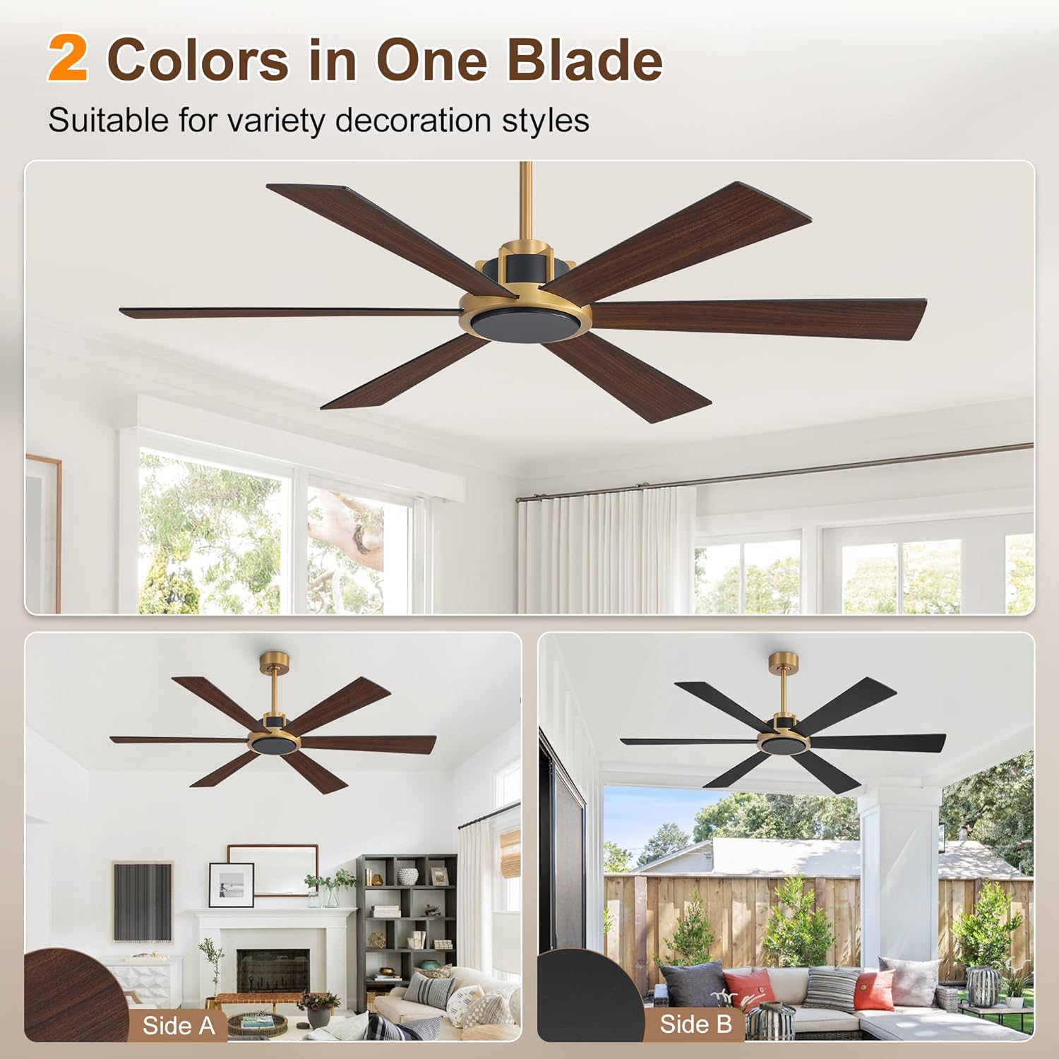 WINGBO 60 Inch Ceiling Fan without Light - 6 Plywood Blades, 6-Speed Reversible DC Motor, Noiseless Remote Control Ceiling Fan No Light for Bedroom Living Room Kitchen, Gold and Walnut/Black
