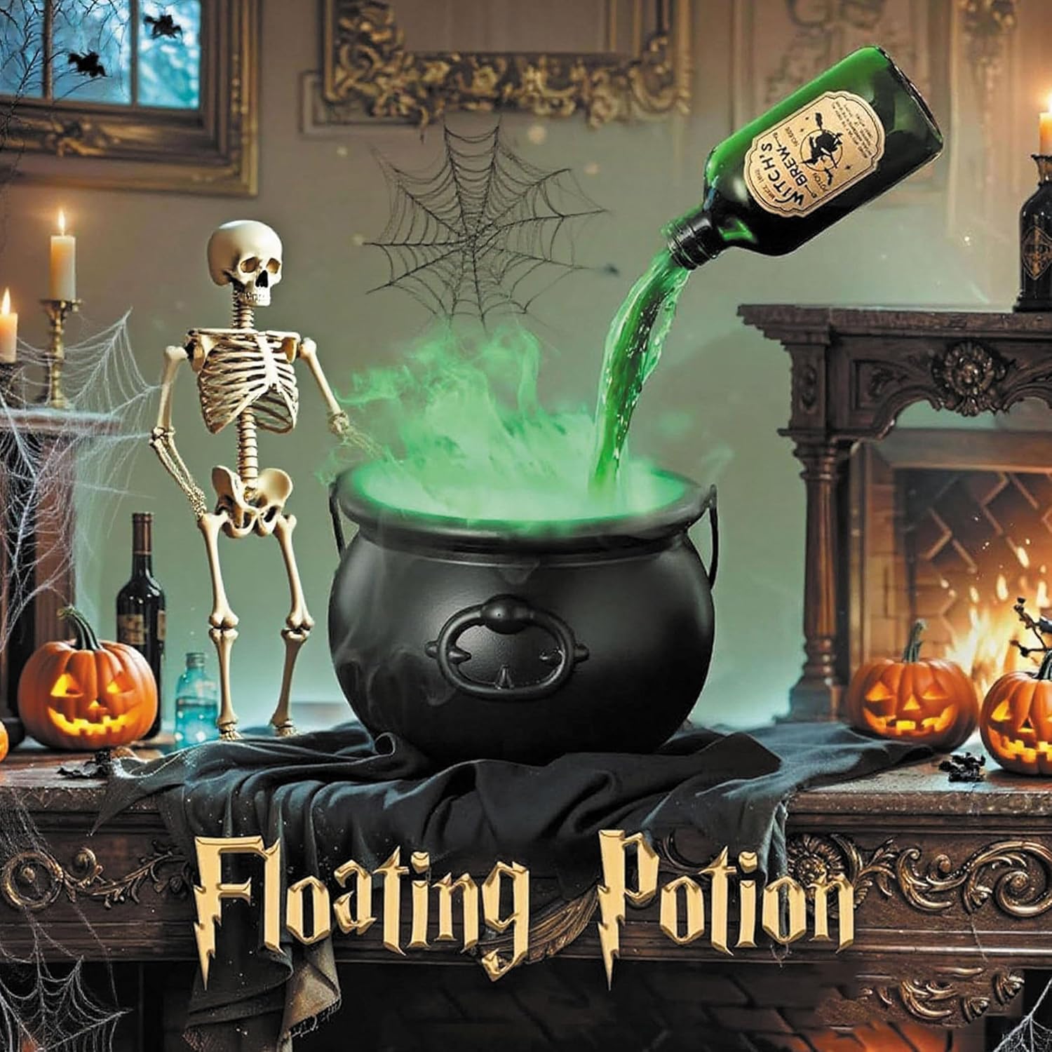 Cauldron Halloween Decor with Magic Floating Potion Bottles and Diffuser,Witch Bucket, DIY Spooky Vintage Black Plastic Witches Candy Bowl for Halloween Table (No skeleton props)