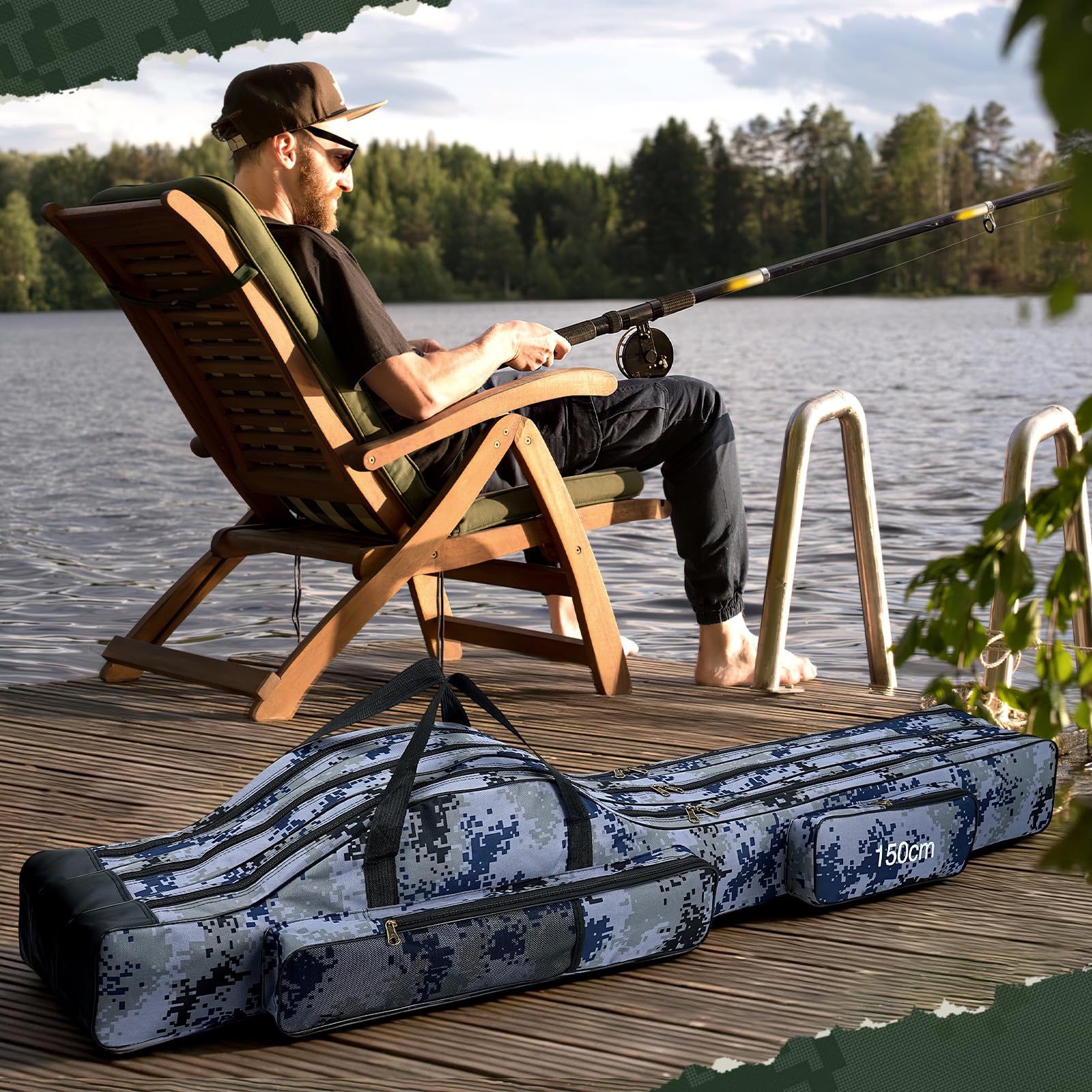 Angeltasche Rutentasche Rod Case, 150cm Angeltasche Tragbare mit 3 Fächern Faltbar Wasserdicht Tasche Angelrute Angelgerät Fall Dauerhaft Rutentasche Rod Case Angelkoffer fur Fischer