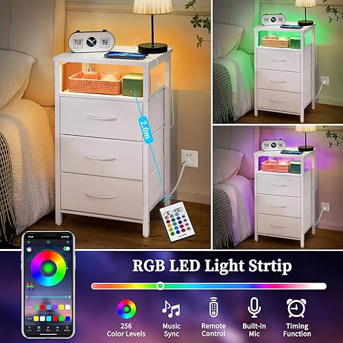 Miniatura 4 de Yoobure Night Stand with Charging Station, 16 Colors LED Nightstand with USB Ports and Outlets, End Table with 3 Fabric Drawers and Storage Shelf,