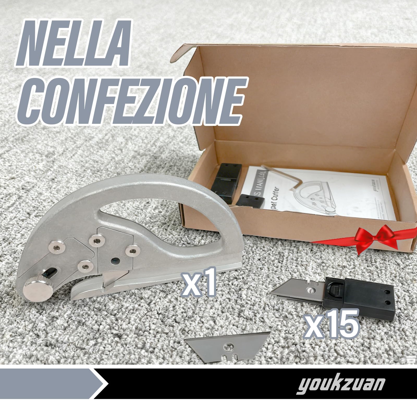 Strumento professionale per il taglio di tappeti con due funzioni, taglierina ad anello per tappeti con 15 lame ad alte prestazioni, coltello da taglio retrattile
