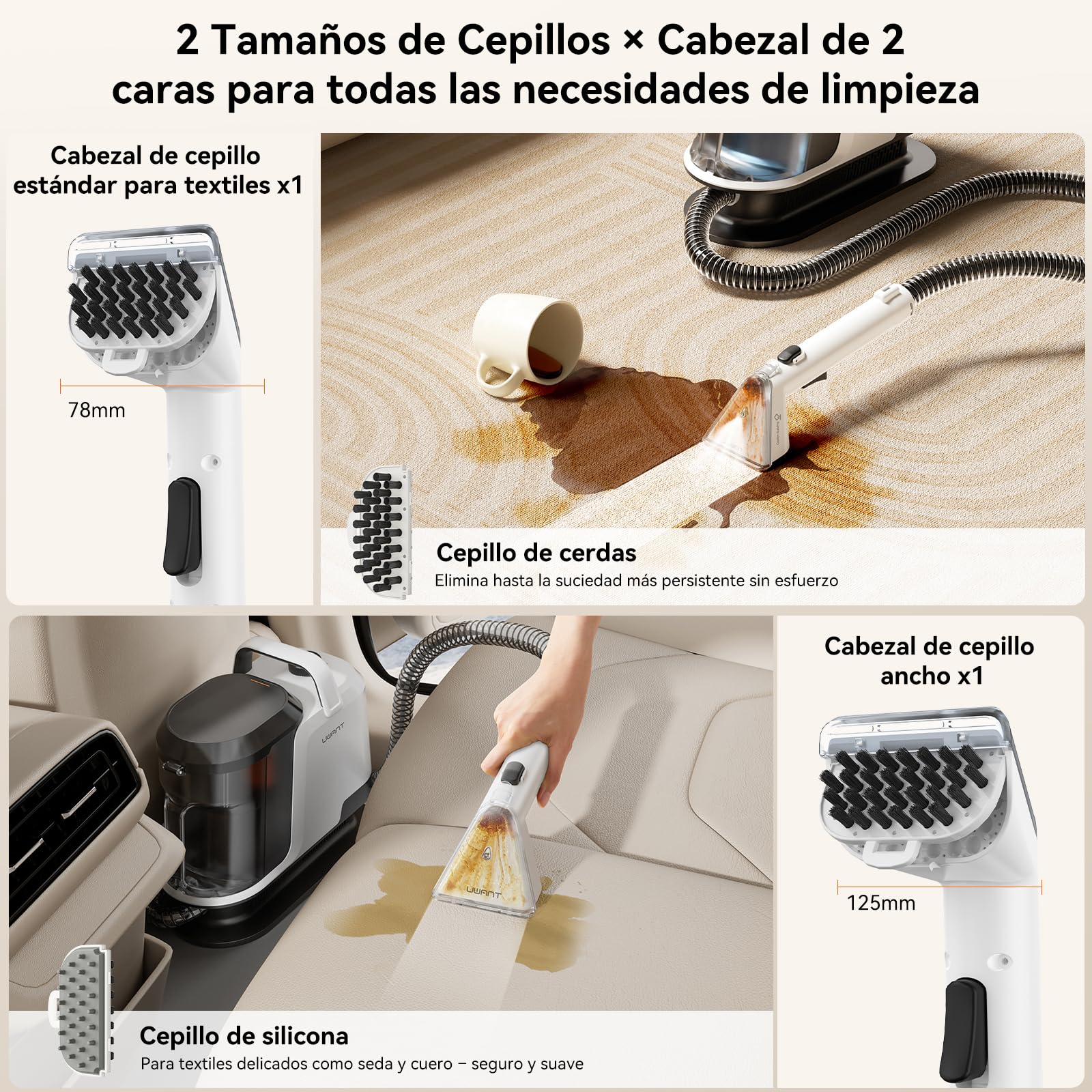 Uwant Aspiradora de Agua Tapiceria Lava y Aspira con Vapor Y100S 1750W 18KPa, 3 en 1 Frío/Agua Caliente 65℃/Vapor 100℃, Portátil, Cepillos mult. Limpia Sofá/Alfombras/Coche/Cocina, 2.4L Depósito
