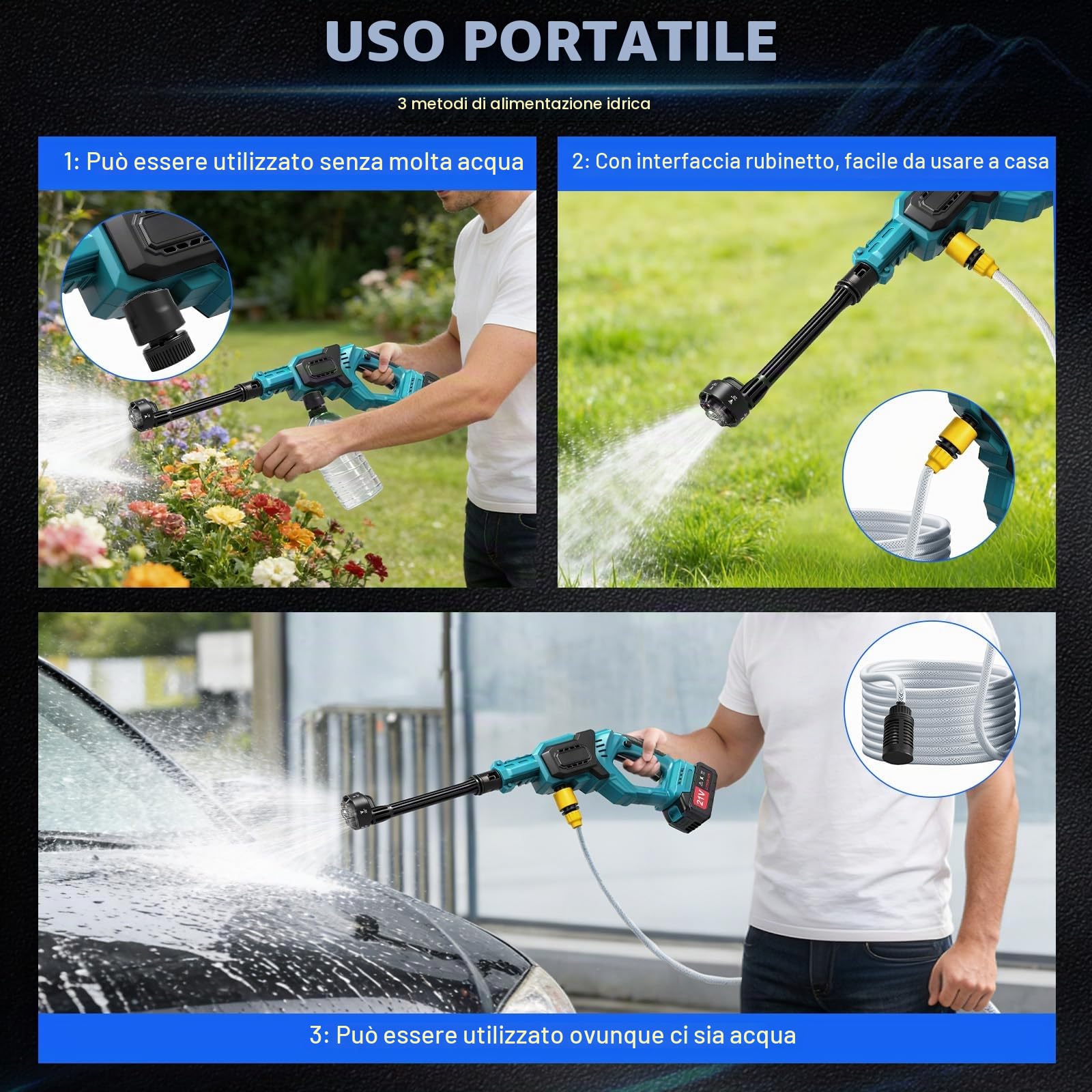 Idropulitrice a Batteria per Auto, 80 bar, Pistola Ad Alta Pressione Senza Fili con ugello regolabile 6 in 1, Regolazione a tre stadi Autolavaggio per Casa, Prato, Giardino, Recinzione (due batterie)
