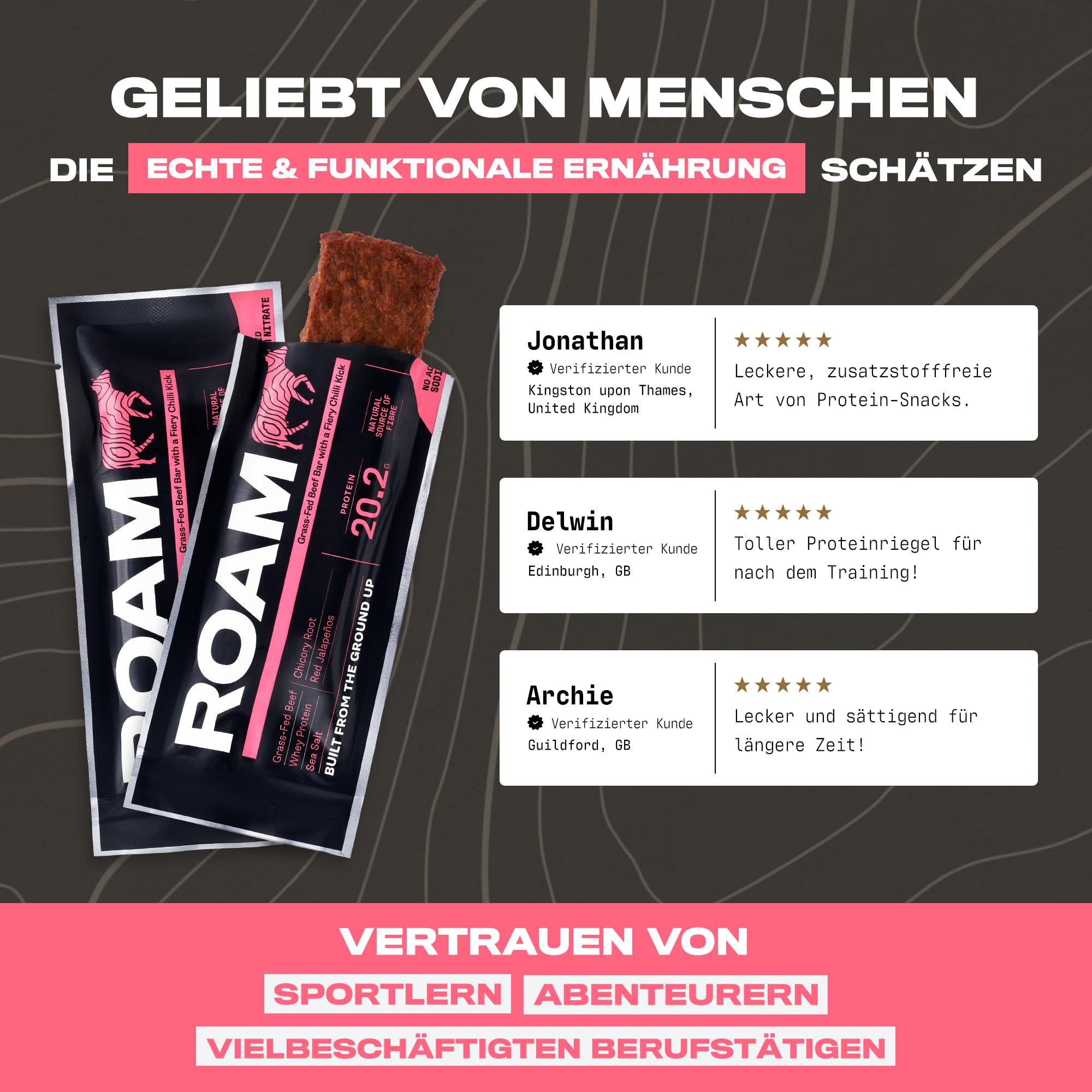 ROAM Low Carb Proteinriegel aus Rindfleisch – High Protein Energieriegel, Keto Snack & Mahlzeitenersatz – 12 x 45g – Glutenfrei, Gesunder Fitness Snack (Jalapeño Chili)