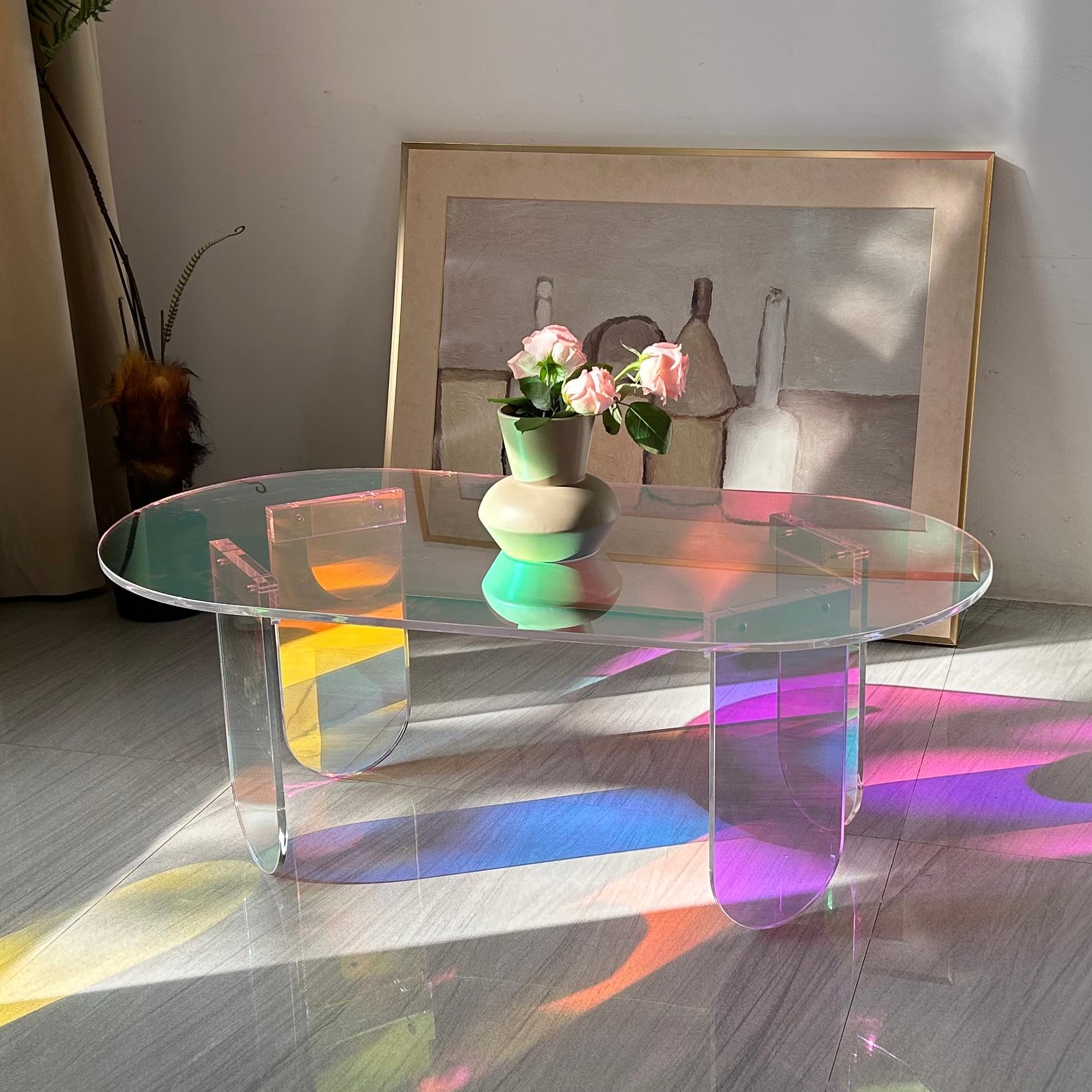 Table Basse Ovale Salon: 95x50x36cm Meuble Centre en Acrylique Moderne Design Table d'Appoint Décoratif avec 4 Pied pour Chambre