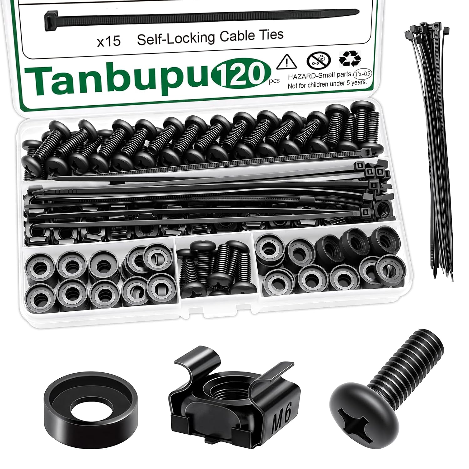 120Pcs M6 x 16mm Rack Mount Cage Nuts, Screws, Washers and Self-Locking Cable Ties, Server Rack Screws and Square Nuts for Rack Mount Server Cabinet, Shelves, Enclosures, Routers