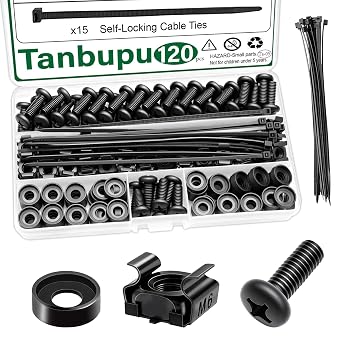 120Pcs M6 x 16mm Rack Mount Cage Nuts, Screws, Washers and Self-Locking Cable Ties, Server Rack Screws and Square Nuts for Rack Mount Server Cabinet, Shelves, Enclosures, Routers
