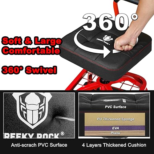 Miniatura 4 de Taburete de taller rodante con ruedas, silla de taller de garaje con asa y respaldo, taburete de trabajo de altura ajustable, asiento rodante con