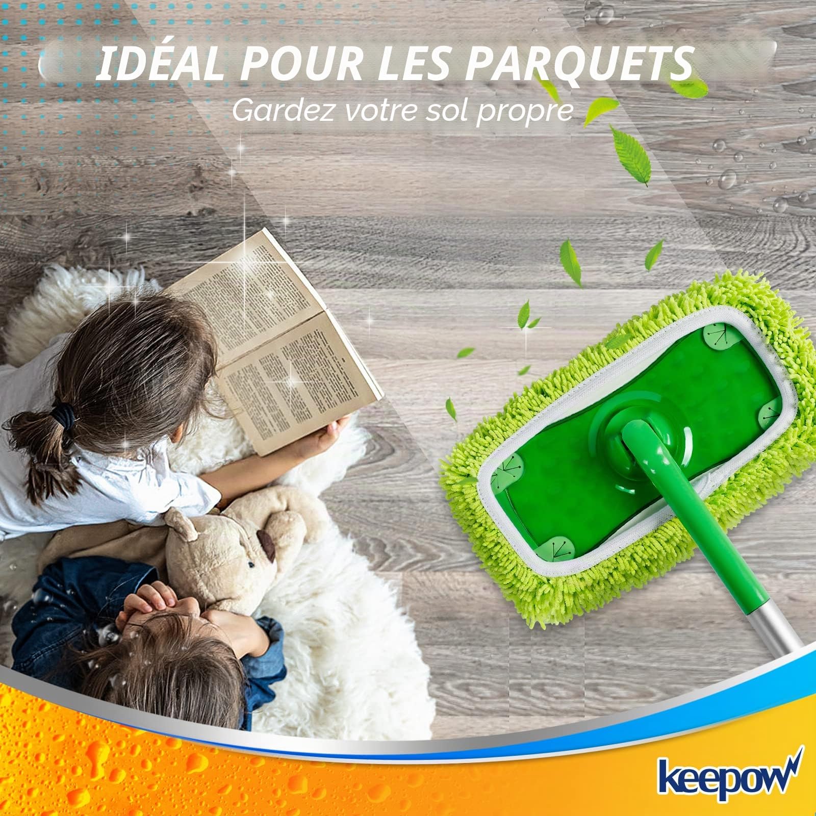 KEEPOW 4 Pcs Chiffons Réutilisables Compatibles avec Swiffer Balai, Lavables et Durables, Microfibres pour Swiffer Sweeper Mop, à Usage Sec et Humide (avec sac à linge)