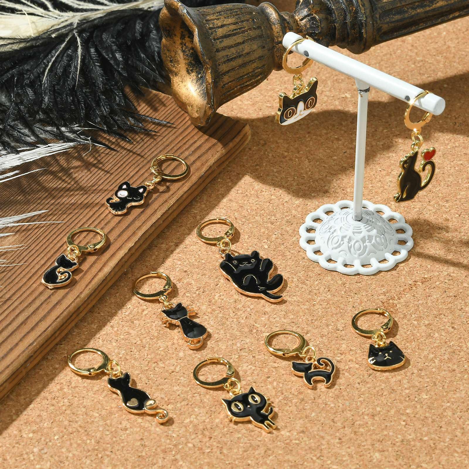 Stiesy 10Pcs Cat Stitch Markers Enamel Black Cat Charms Pet Kitten Cute Animal Charms with Clasps Crochet Leverback Hoop for Knitting Jewellry Making Weaving Crafts - Image 4
