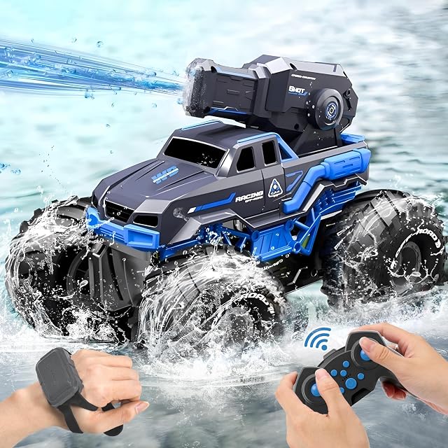 Amphibious Remote Control Car Boat Water Squirt RC Capteur de gestuosité 2.4GHz 4WD Monster Truck Waterproof RC Voiture pour 6 7 8 9-12 Enfants Filles Garçons Cadeau Piscine Jouet d'eau avec 2 Batteries remplaçables
