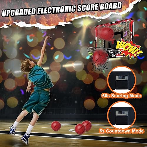 Miniatura 5 de Aro de baloncesto para interiores, mini aro de baloncesto para niños con marcador electrónico y 4 bolas, plegable sobre la puerta, ventilador de