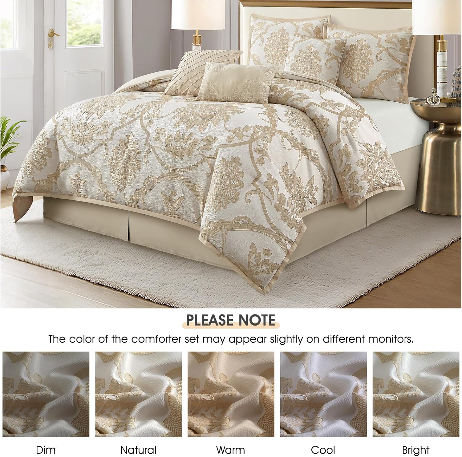 LANCO MODERN LIFESTYLE 7 Piece Gold Comforter Set, King, Elegant Jacquard Floral Bed in a Bag, Microfiber Bedding All Seasons with Pillow Shams, Decorative Pillows and Bed Skirt