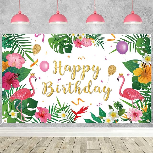 Happy Birthday Banner Flamingo Party Birthday Decoration - Summer Tropical Hawaiian Party Decorations Photography Backdrop Aloha Luau Birthday Party Supplies for Children Women Men, 72.8 x 43.3 Inch
