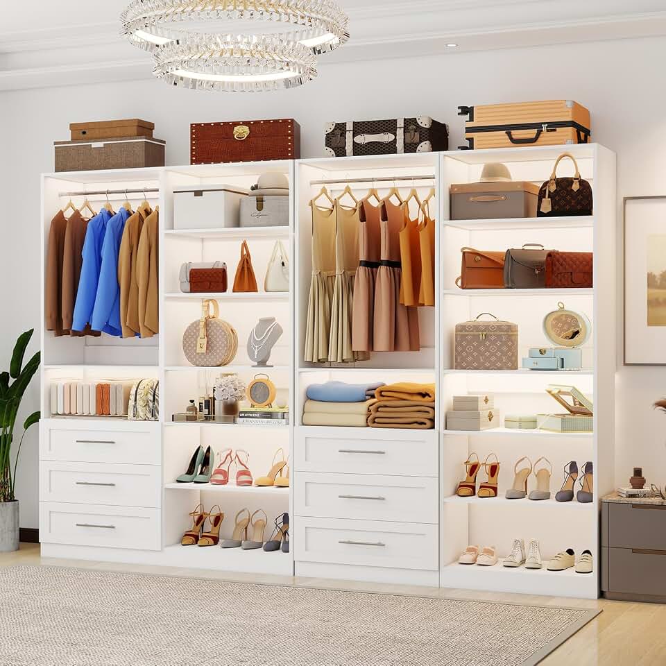 Closet System with 4 Sets, 8FT-21FT Closet Organizer Systems with 6 Drawers 14 Shelves & 6 Hanging Expandable Rods, Walk in Closet Standalone Small Corner Modular Closet Storage System White (8FT)