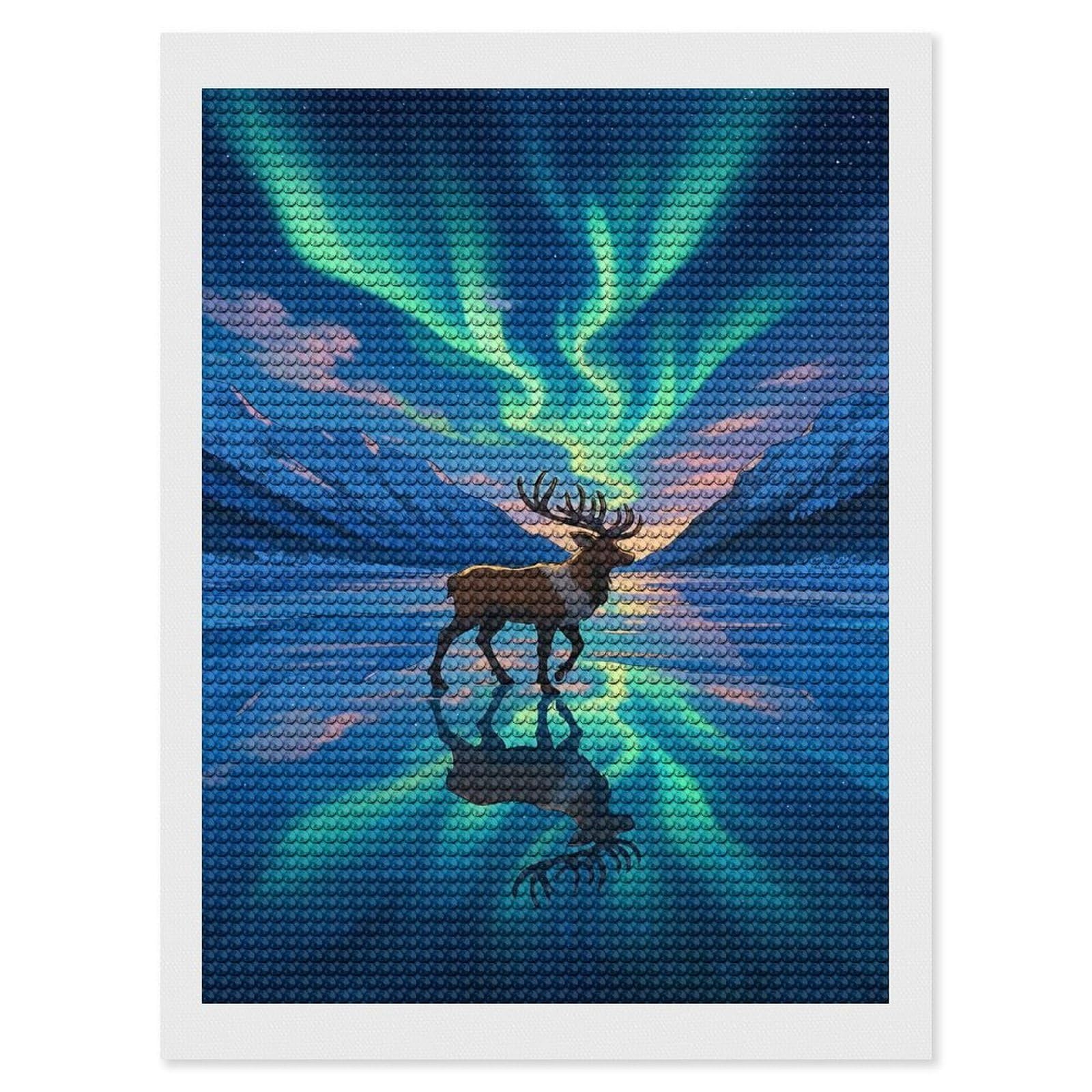 Junmoney Reindeer Under Aurora Borealis DIY Diamond Art Canvas Kit 12"x16", Pleasing Wall Art Project, Easy Handmade Project, Living Room Decor