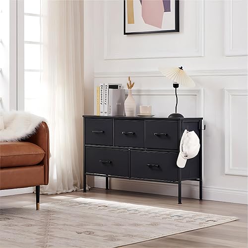 Miniatura 2 de Cómoda para dormitorio con 5 cajones, unidades organizadoras de cómoda de tela, cómodas anchas con contenedores de tela y parte superior de madera,