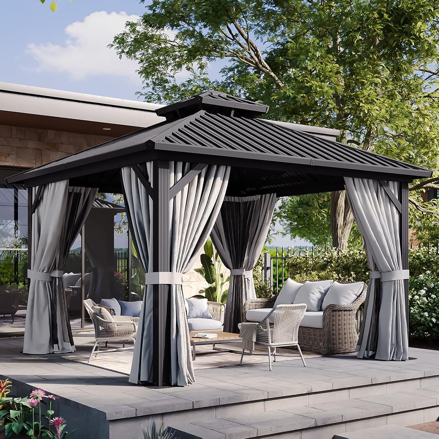 Aoxun 12Ft X 12Ft Hardtop Gazebo, Aluminum Metal Outdoor Gazebo with Breathable Netting and Curtains, Galvanized Steel Double Top, Permanent Patio