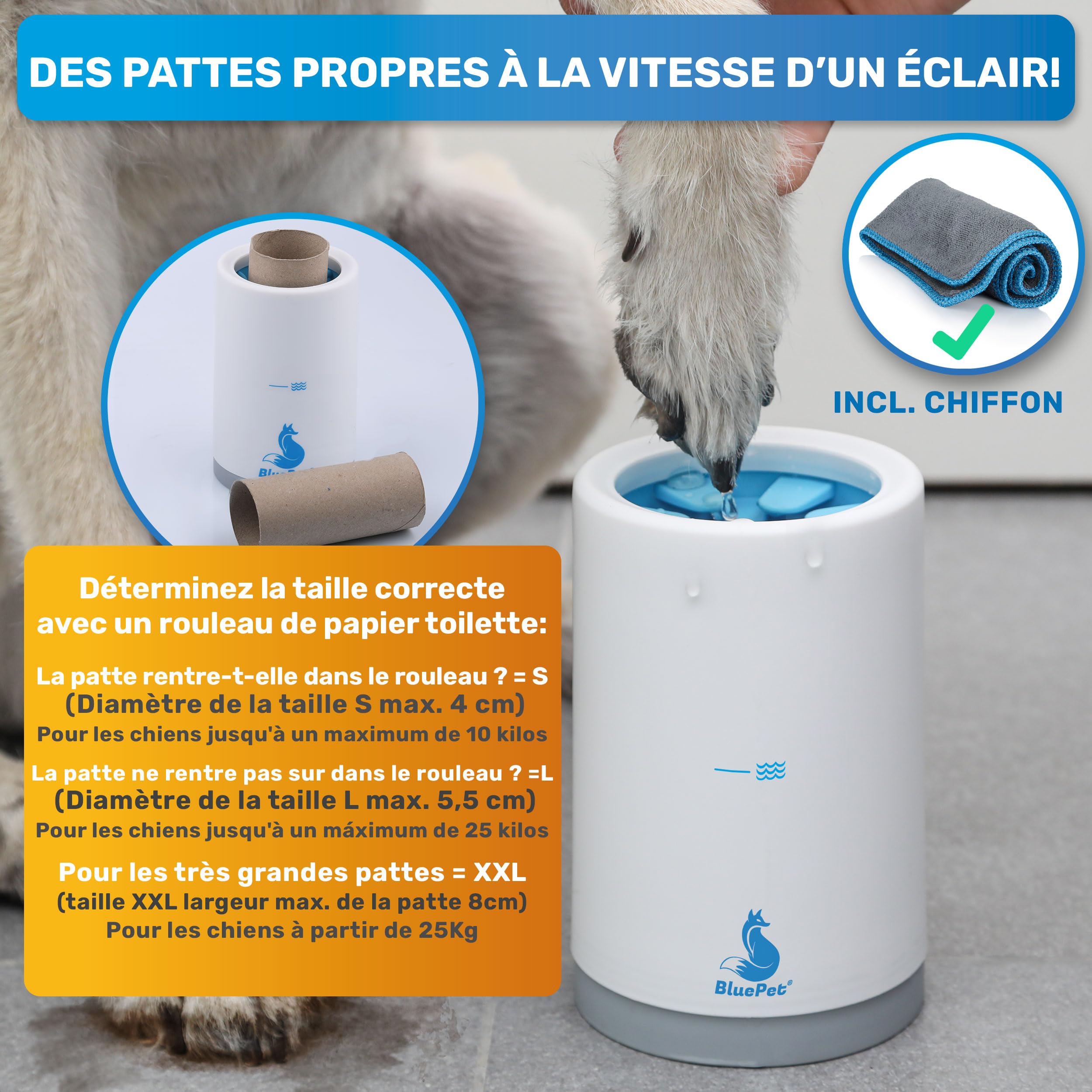 BluePet Nettoyeur Pattes pour Chien, Cure-Pattes Chiens, Lave Patte du Animal, Enlève la Saleté & la Crasse, Nettoyage en Douceur (L (10-25 kg))