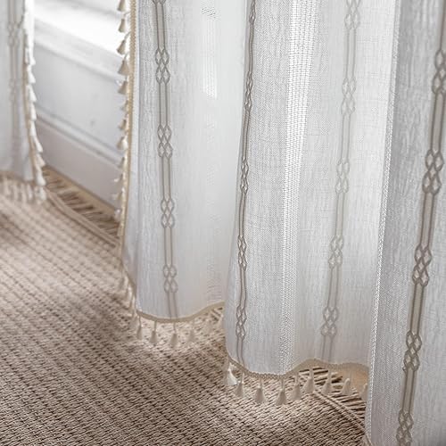 Miniatura 6 de TOPSMCHER Cortinas bohemias de 84 pulgadas para sala de estar, 2 paneles bordados a rayas con borlas, cortinas de lino semiopacas para sala de