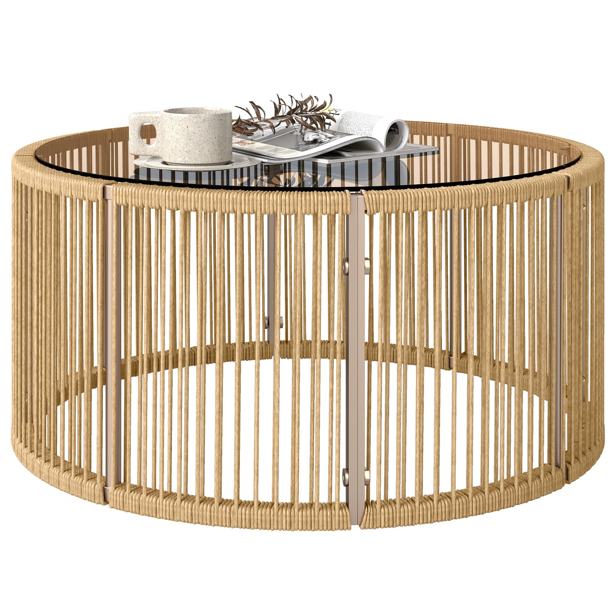 Outsunny Table Basse de Jardin Ronde en Résine Tressée, Table d'Appoint avec Plateau en Verre Trempé et Cadre en Acier Galvanisé, 70x70x33cm, Marron