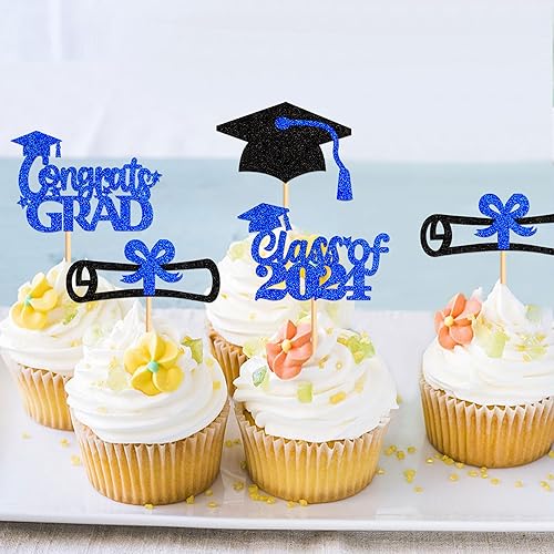 Miniatura 6 de Ercadio Paquete de 24 adornos para cupcakes de graduación 2024 con purpurina azul, para diploma de graduación para la clase de 2024, felicitaciones