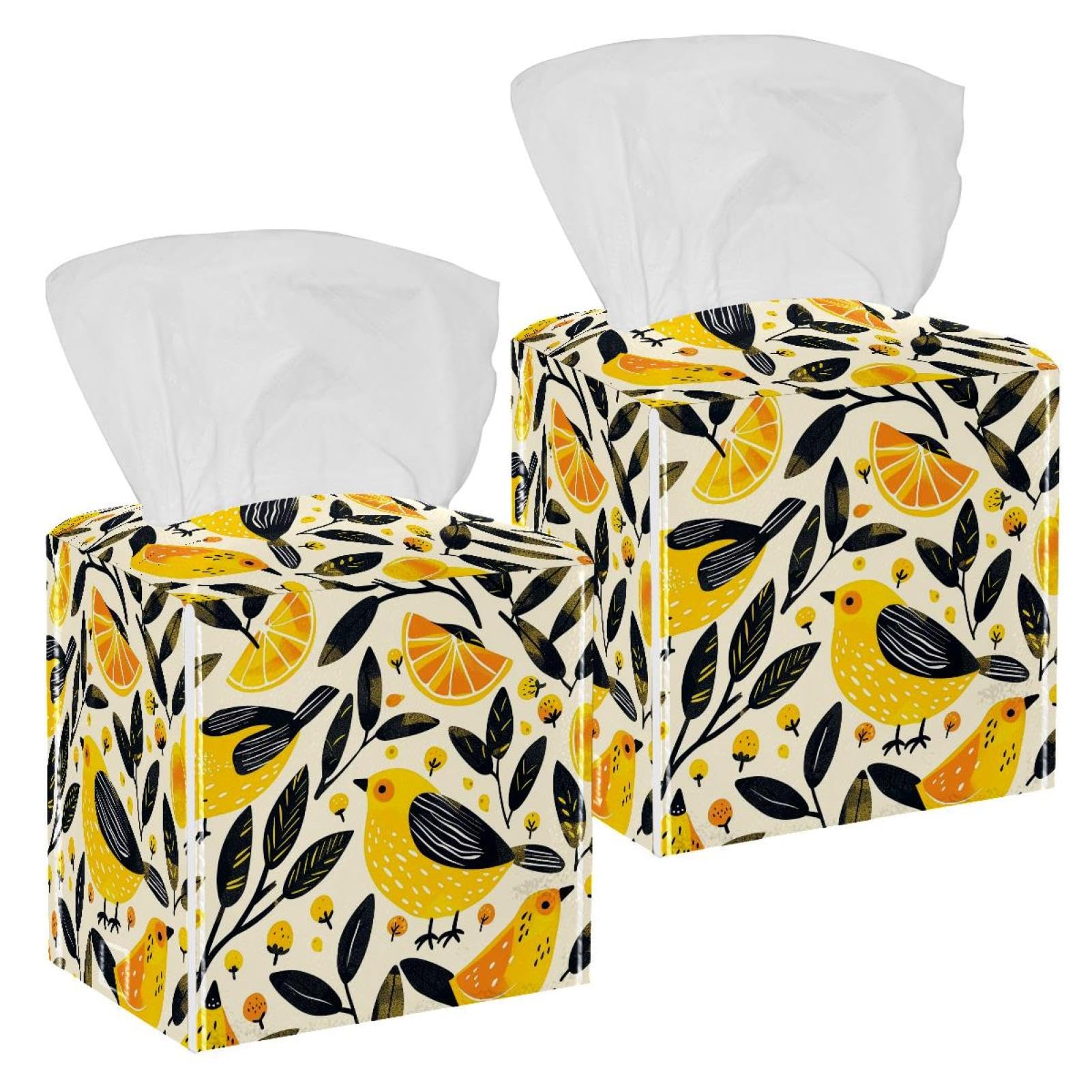 Birds Lemon Tissue Box Cover, 2 Pack PU Leather Square Facial Tissue Dispenser Box holder for Home Office Car