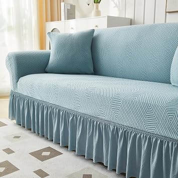 Farmhouse Sofa Covers Ruffled Sofa Slipcover Jacquard Couch Covers Stretch Loveseat Sectional Sofa Covers Easy Fit Washable Furniture Cover With Skirt 2024(Blue,4 seaters (235-300cm))