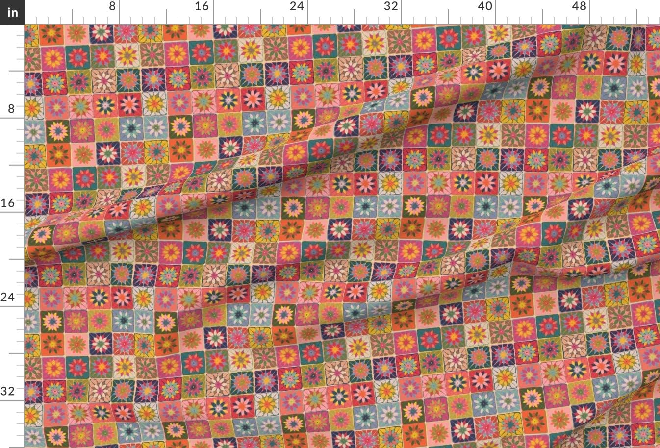 Spoonflower Fabric - Granny Crochet Grandma Bright Rainbow Vintage Style 70S Retro Teal Printed on Upholstery Velvet Fabric Fat Quarter - Upholstery Home Decor Bottomweight Apparel