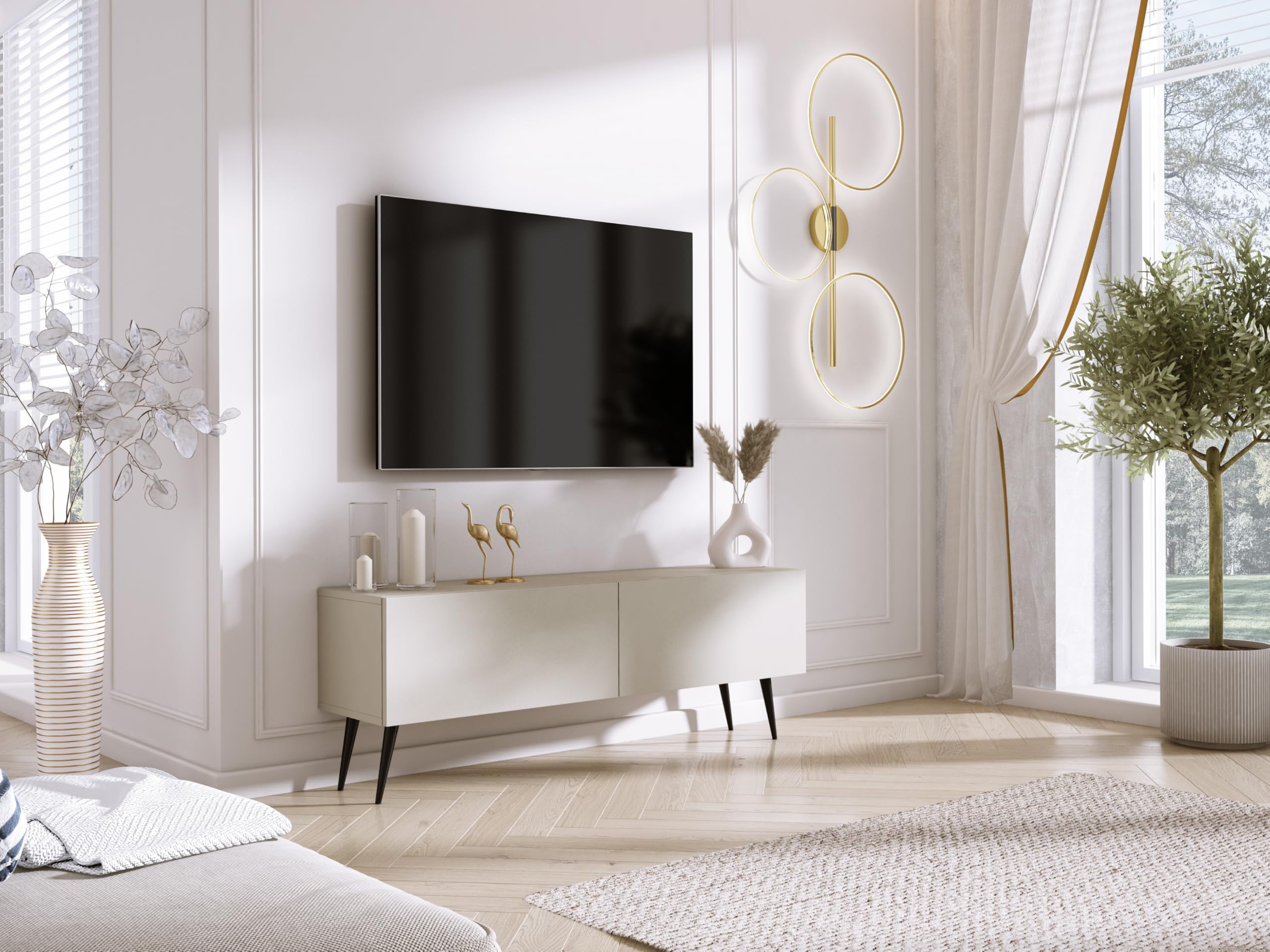 3E 3xE living.com TV-Schrank: Zwei Türen, Zwei Regale, Farbe Kaschmir, Schwarze Beine, A: B: 140 cm, H: 52 cm, T: 32 cm,