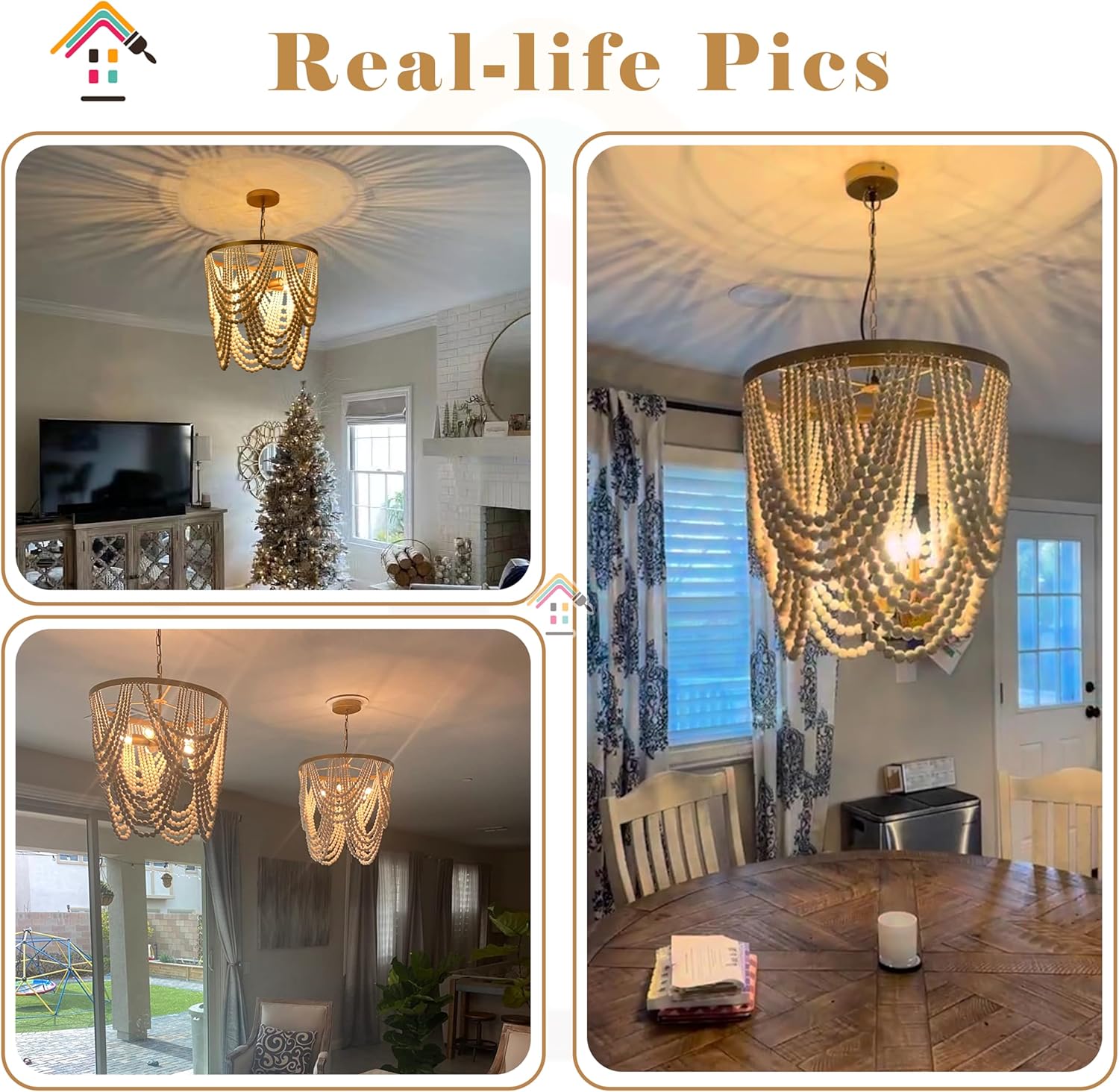 Bohemia Wood Beaded Chandelier - Boho 5-Light Gold and Oak Finish Beaded Light Fixture for Dining, Living, Bedroom, Nursery, Girl Room, Hallway, Entryway