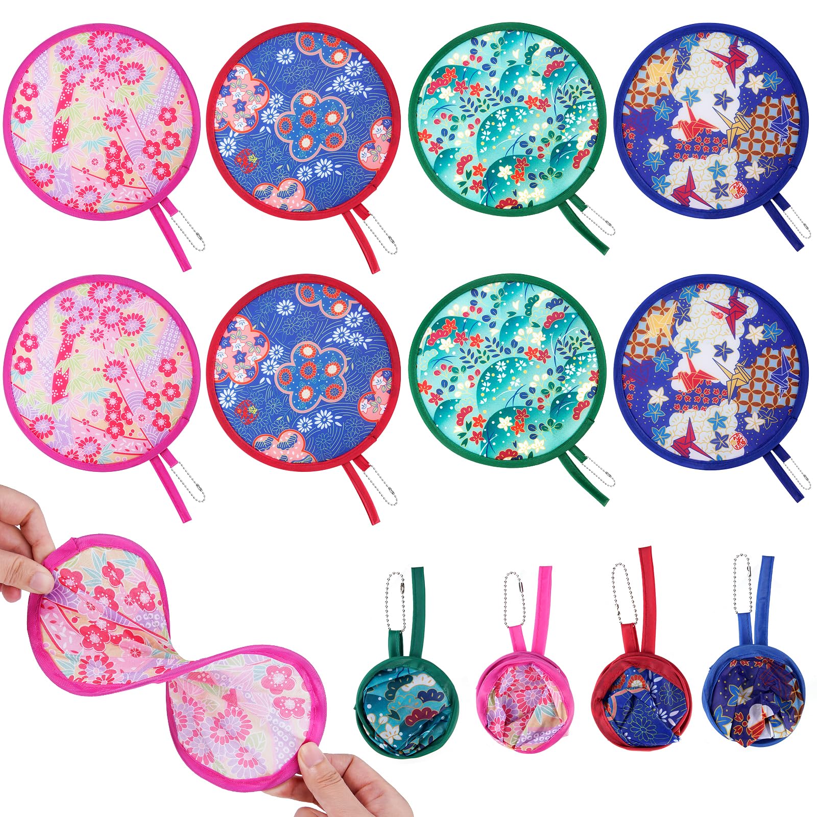 8 Pack Fabric Hand Fan Folding Fan, Chinese Japanese Style Round Hand Fan Foldable With Beautiful Patterns for Wedding, Preference, Performance, Dancing,Home Decoration