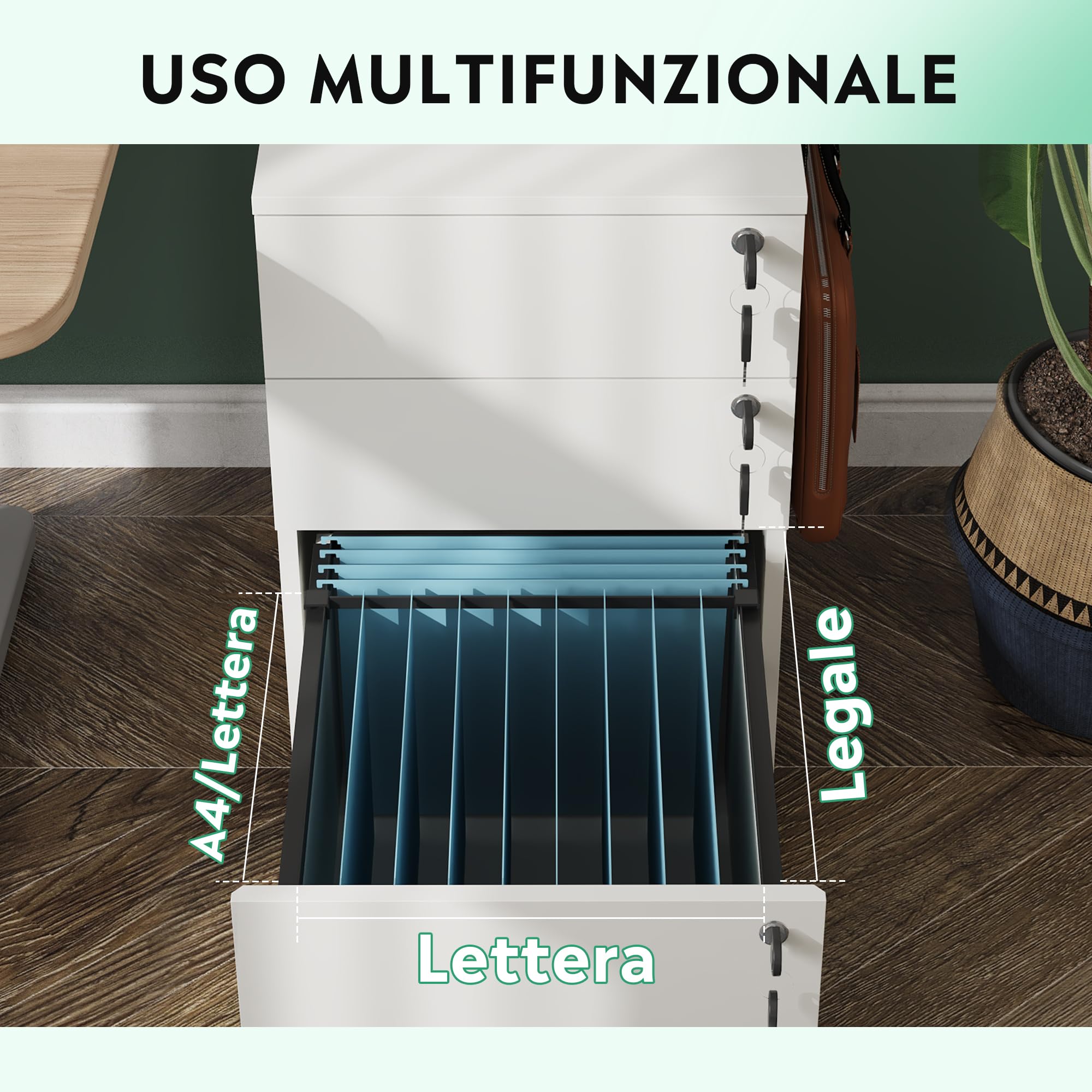 DEVAISE Mobile Archiviatore a 3 Cassetti con Serratura, Cassettiera Sottoscrivania in Legno per Casa/Ufficio, Ideale per Formato Lettera/A4, Bianco