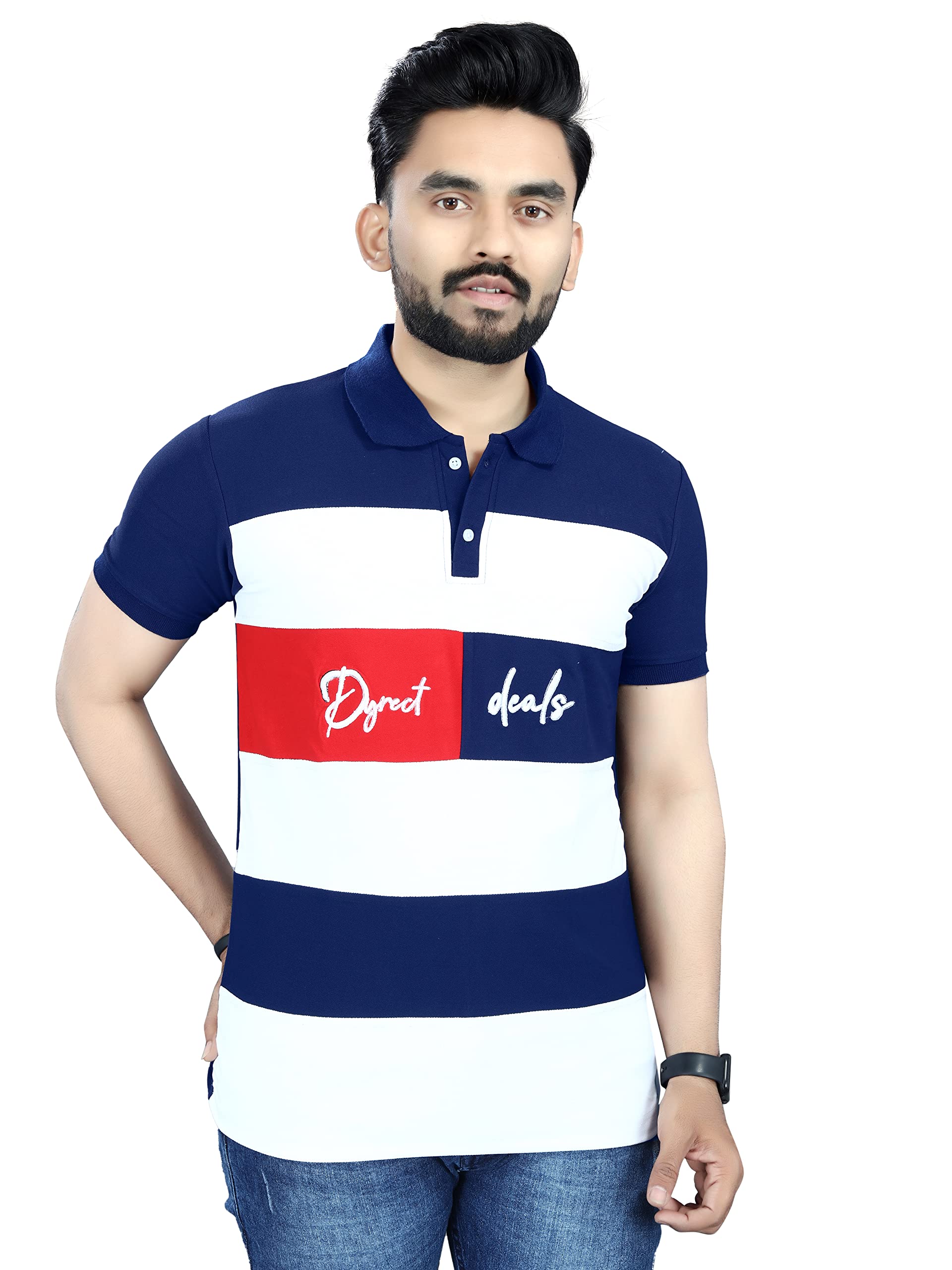 DYRECTDEALS Men's Cotton Blend Block Design Polo T-Shirts Regular Fit Classic Collar Polo T-Shirt
